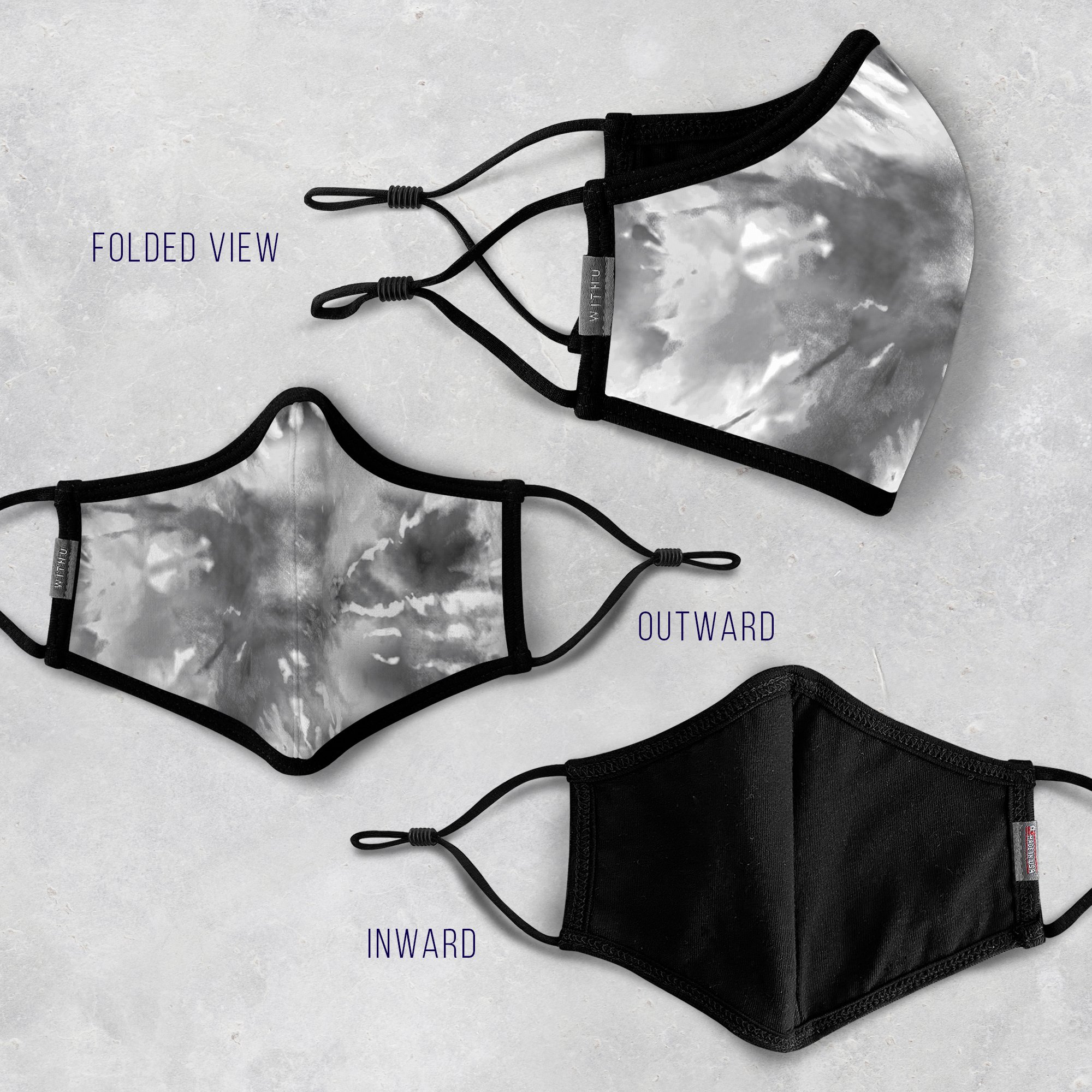 WITH U Washable Reusable Face Masks featuring a three-layer design, adjustable ear loops, and high-quality fabric, suitable for men and women.