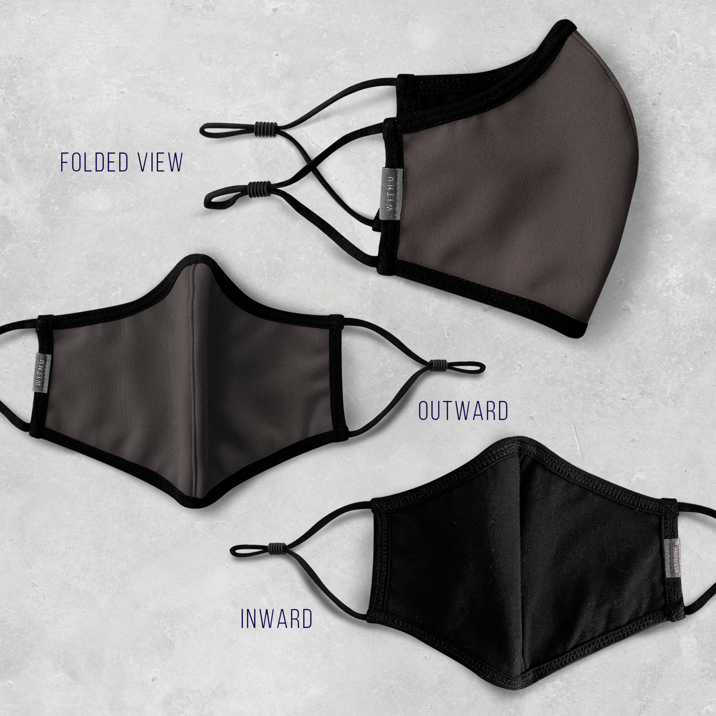 WITH U Washable Reusable Face Masks featuring a three-layer design, adjustable ear loops, and high-quality fabric, suitable for men and women.