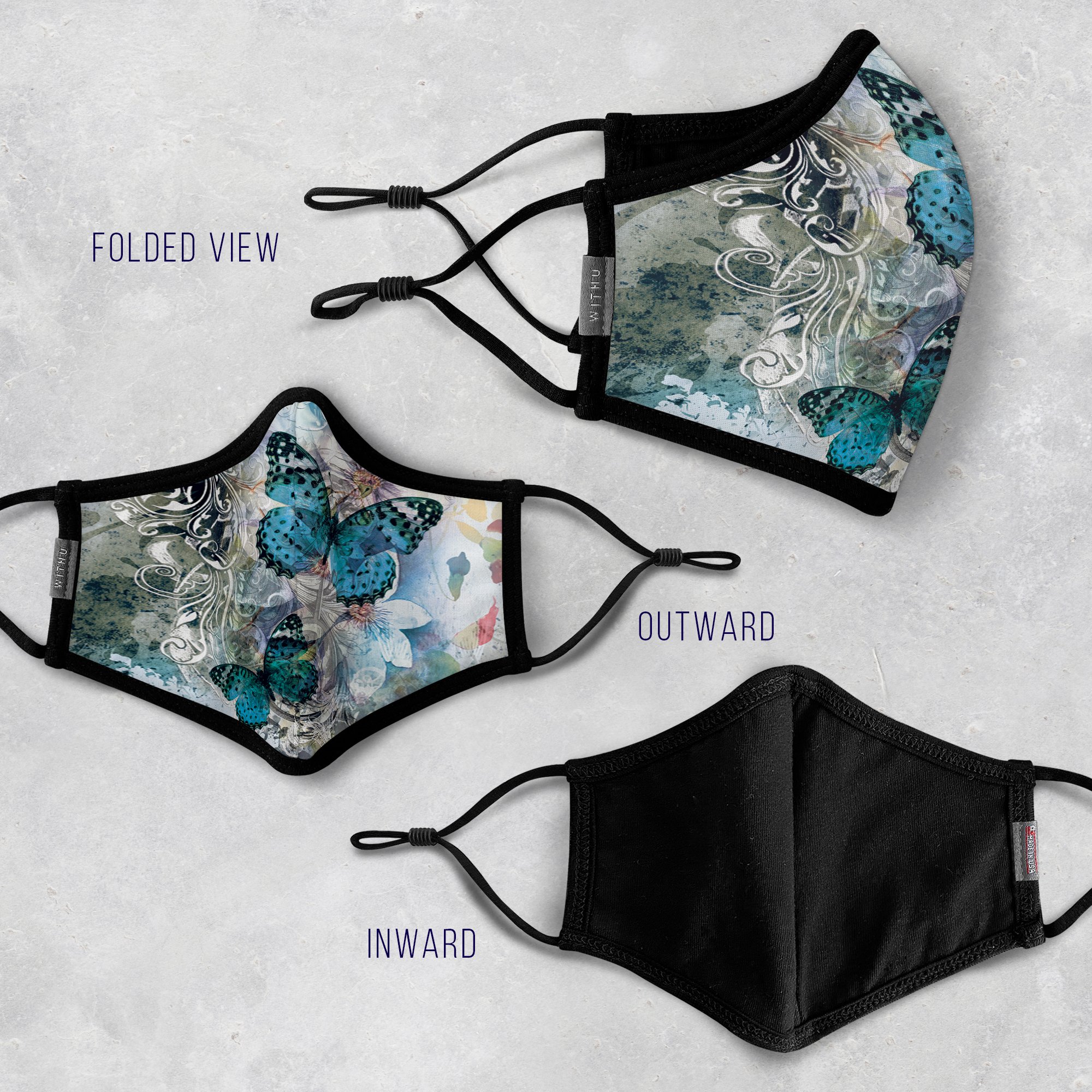 WITH U Washable Reusable Face Masks featuring a three-layer design, adjustable ear loops, and high-quality fabric, suitable for men and women.