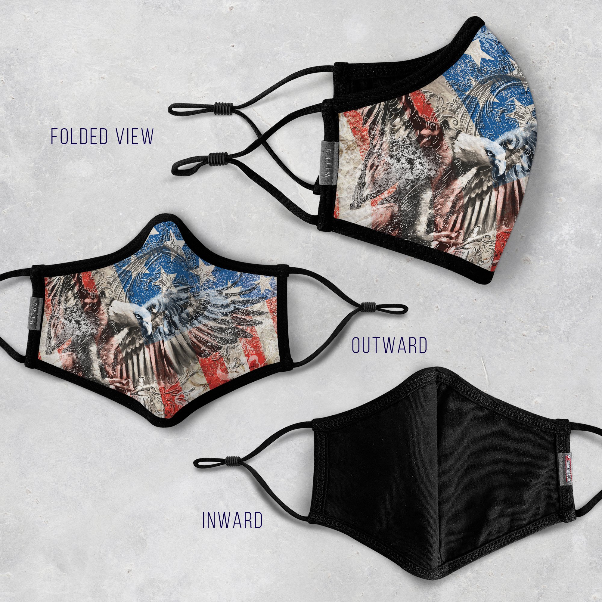 WITH U Washable Reusable Face Masks featuring a three-layer design with adjustable ear loops, made from high-quality polyester and cotton blend.