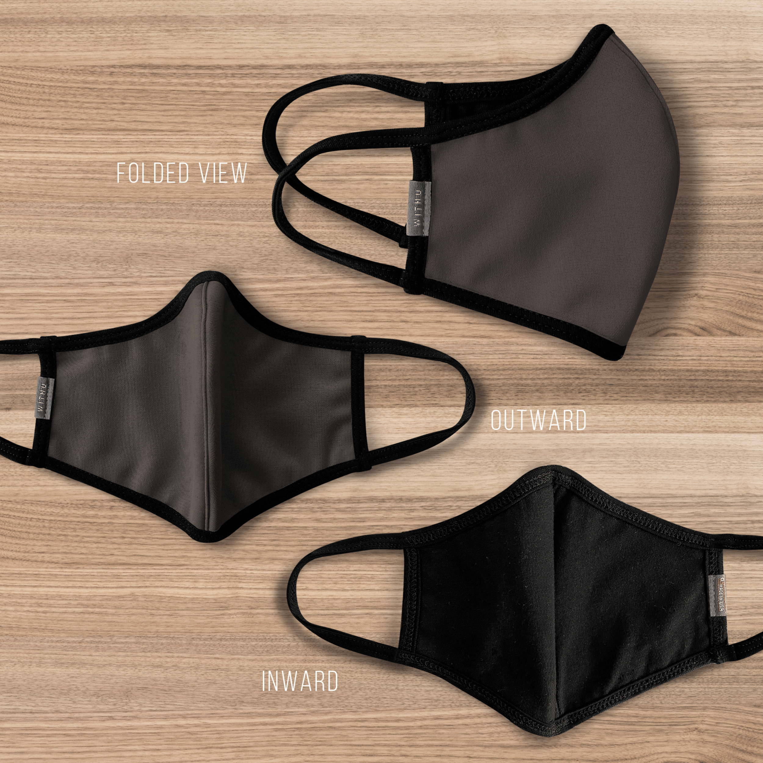 WITH U Washable Reusable Face Masks featuring a three-layer design, stretchable ear loops, and high-quality fabric, suitable for men and women.