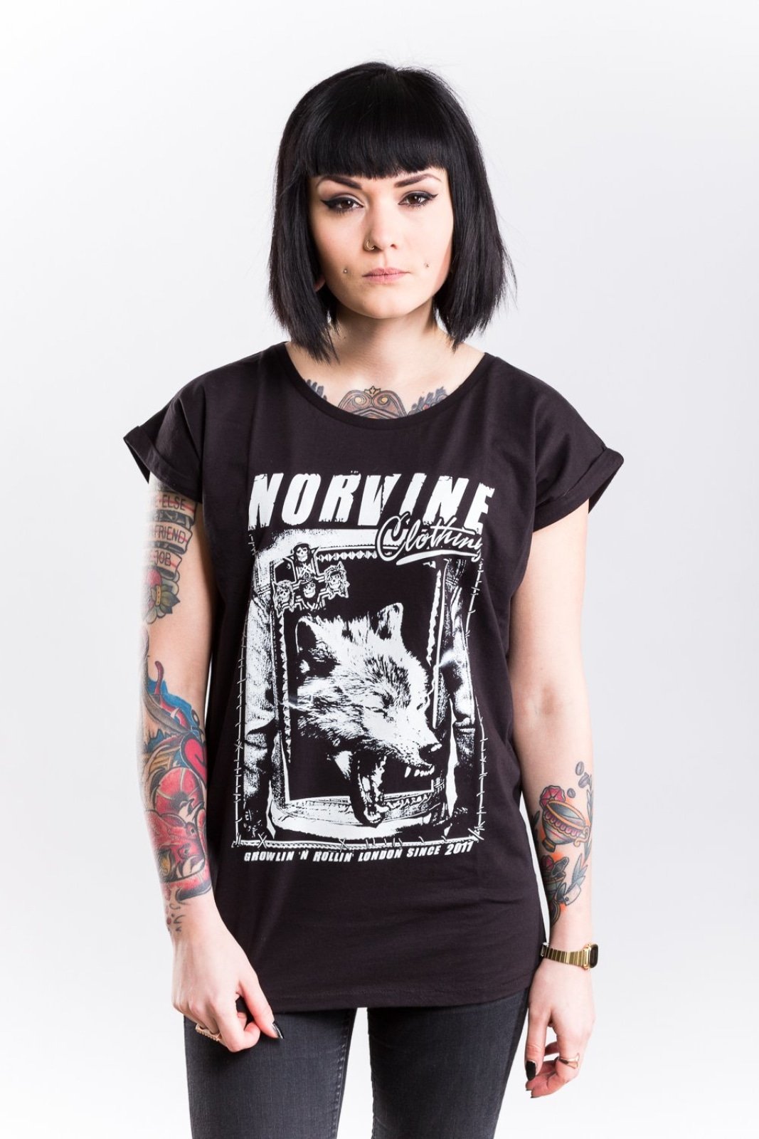 WOLF Women's Rolled Sleeve Tunic T-Shirt in black, featuring a crew neck and stylish rolled sleeves, made from 100% combed cotton.