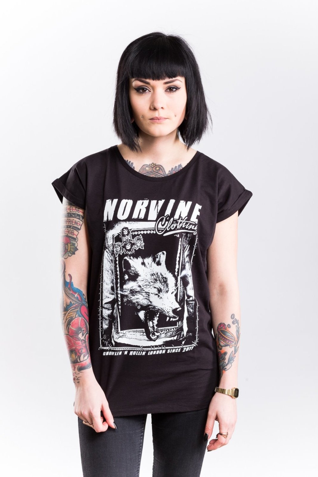 WOLF Women's Rolled Sleeve Tunic T-Shirt in black, featuring a crew neck and stylish rolled sleeves, made from 100% combed cotton.