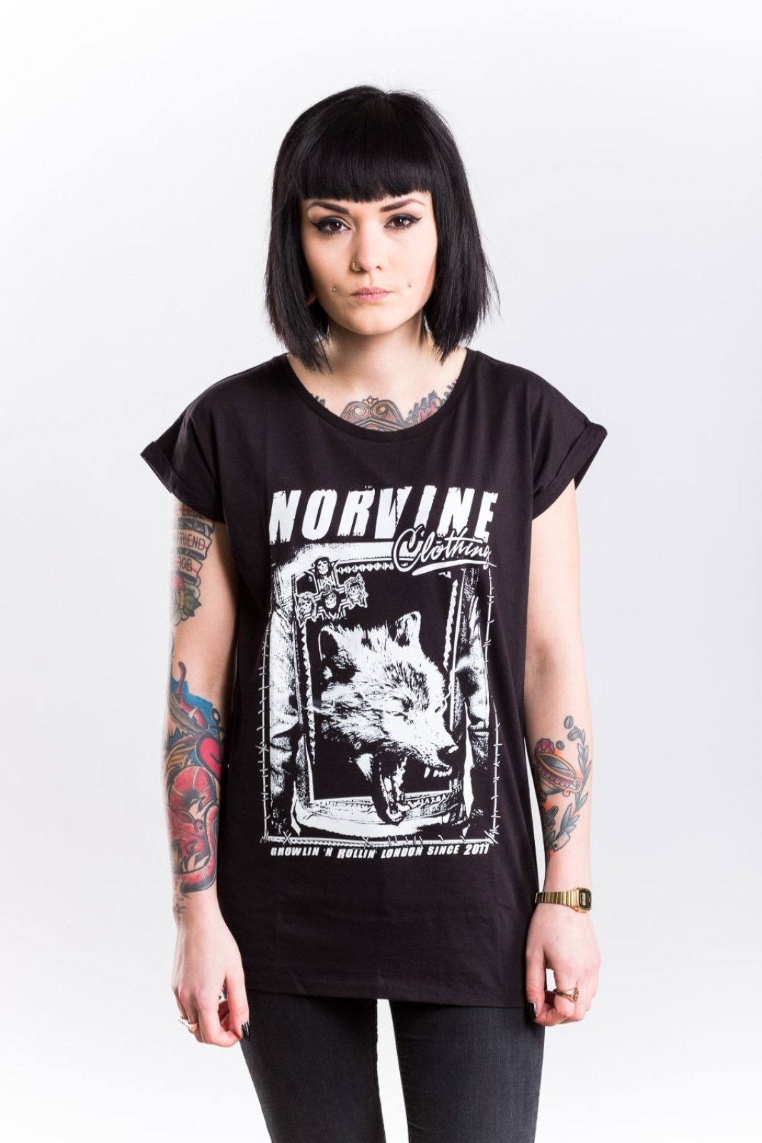 WOLF Women's Rolled Sleeve Tunic T-Shirt in black, featuring a crew neck and stylish rolled sleeves, made from 100% combed cotton.