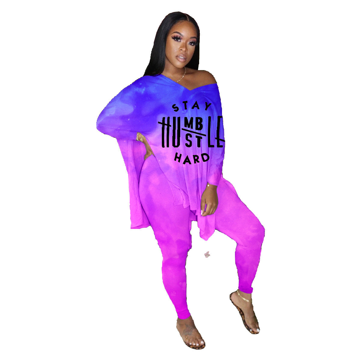 Women wearing a stylish alphabet print V-neck top with gradient colors, showcasing the unique design and long sleeves.