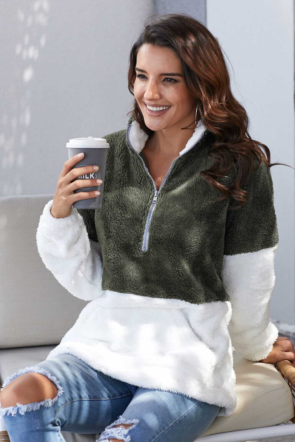 Women Atrovirens White Zip Neck Oversize Fluffy Fleece Pullover featuring a cozy oversized fit, zipped turtleneck, and kangaroo pocket.