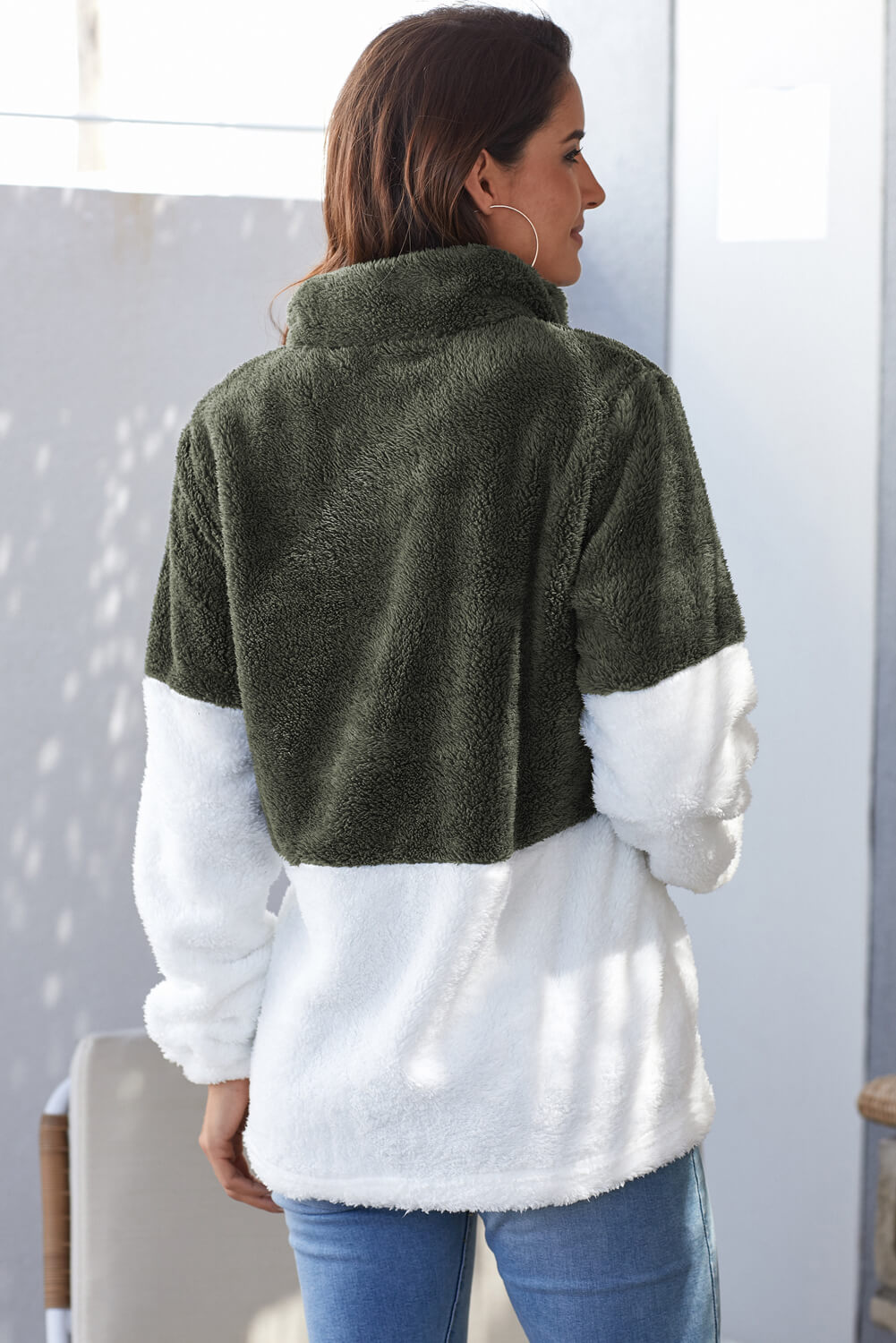 Women Atrovirens White Zip Neck Oversize Fluffy Fleece Pullover featuring a cozy oversized fit, zipped turtleneck, and kangaroo pocket.