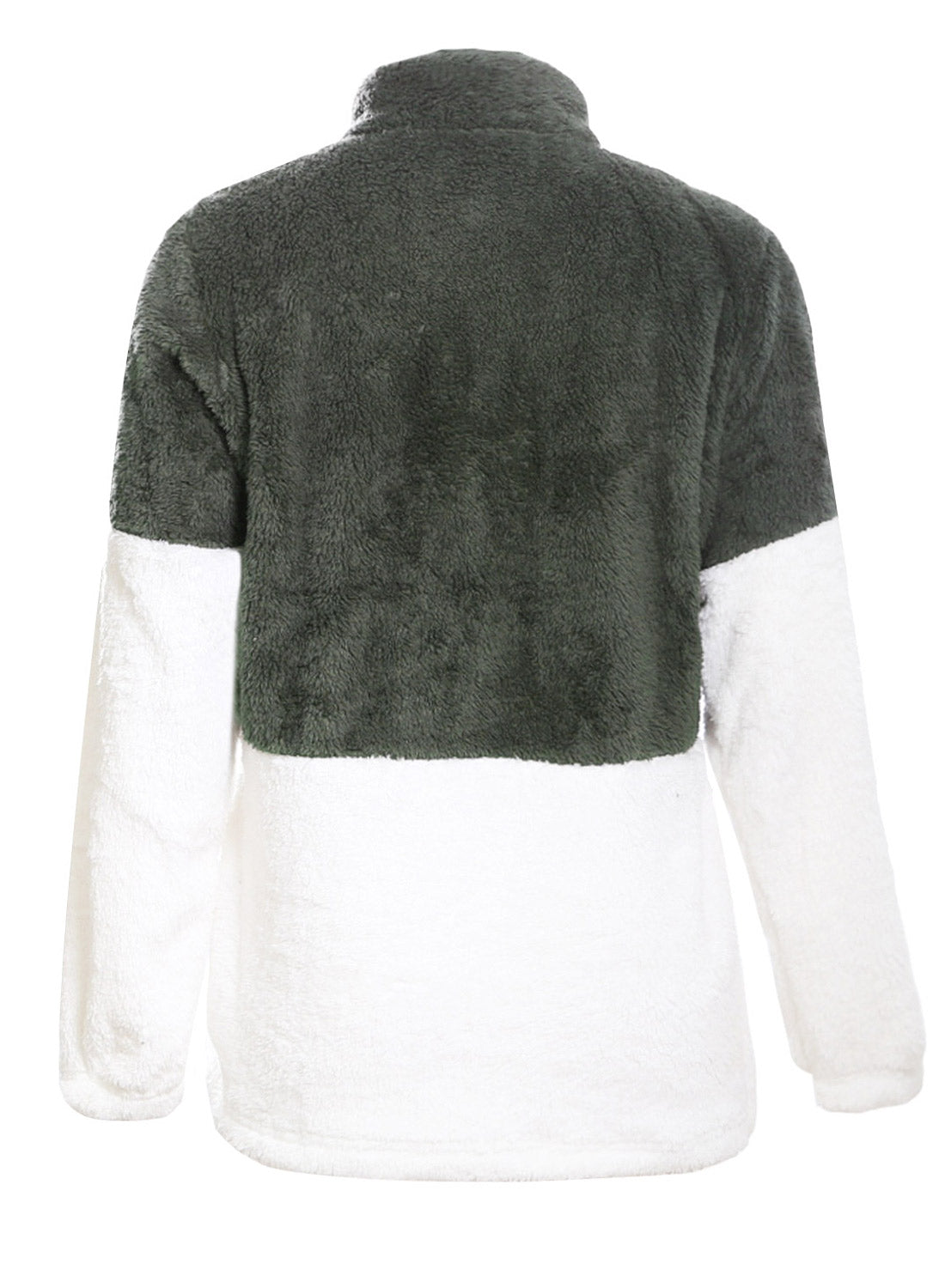 Women Atrovirens White Zip Neck Oversize Fluffy Fleece Pullover featuring a cozy oversized fit, zipped turtleneck, and kangaroo pocket.