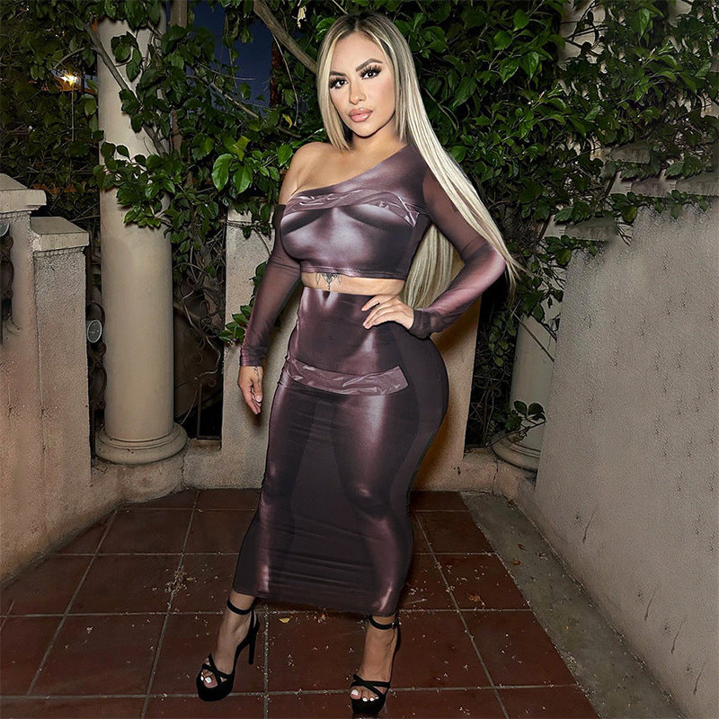 Women Clothing Three Dimensional Printing Oblique Shoulder Top featuring a stylish asymmetric design and vibrant digital patterns.