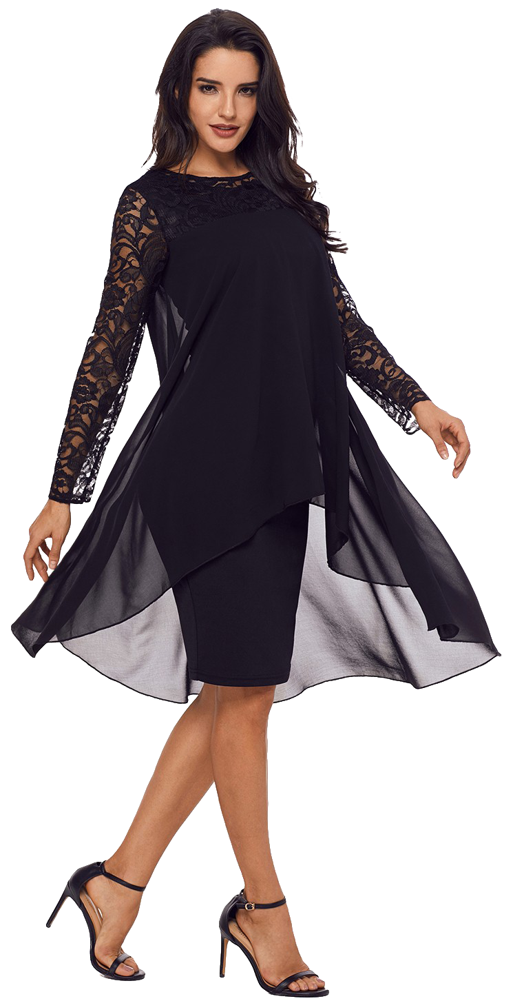 Elegant black knee-length dress for women with lace sleeves and neckline, featuring a translucent asymmetric top layer.