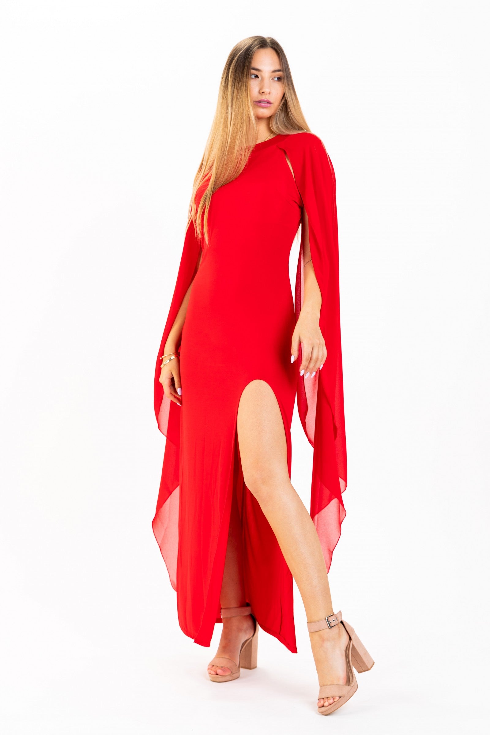 Elegant red WOMEN DRESS ILEANA featuring a round collar, translucent side panels, and a side cutout, designed for a stylish look.