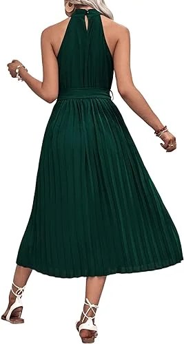Women's 2023 Summer Sleeveless Halter Neck Pleated Midi Cocktail Dress in a vibrant color, featuring a flowy A-line design and stylish belt.