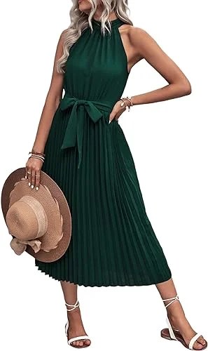 Women's 2023 Summer Sleeveless Halter Neck Pleated Midi Cocktail Dress in a vibrant color, featuring a flowy A-line design and stylish belt.