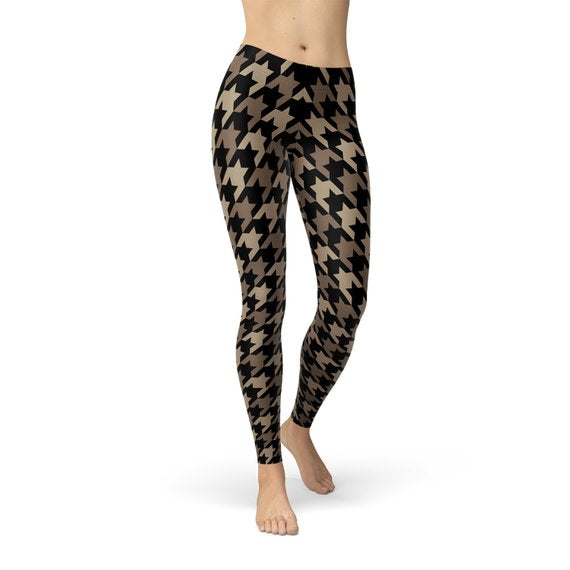 Women's Beige Brown Houndstooth Leggings showcasing unique design and premium fabric.