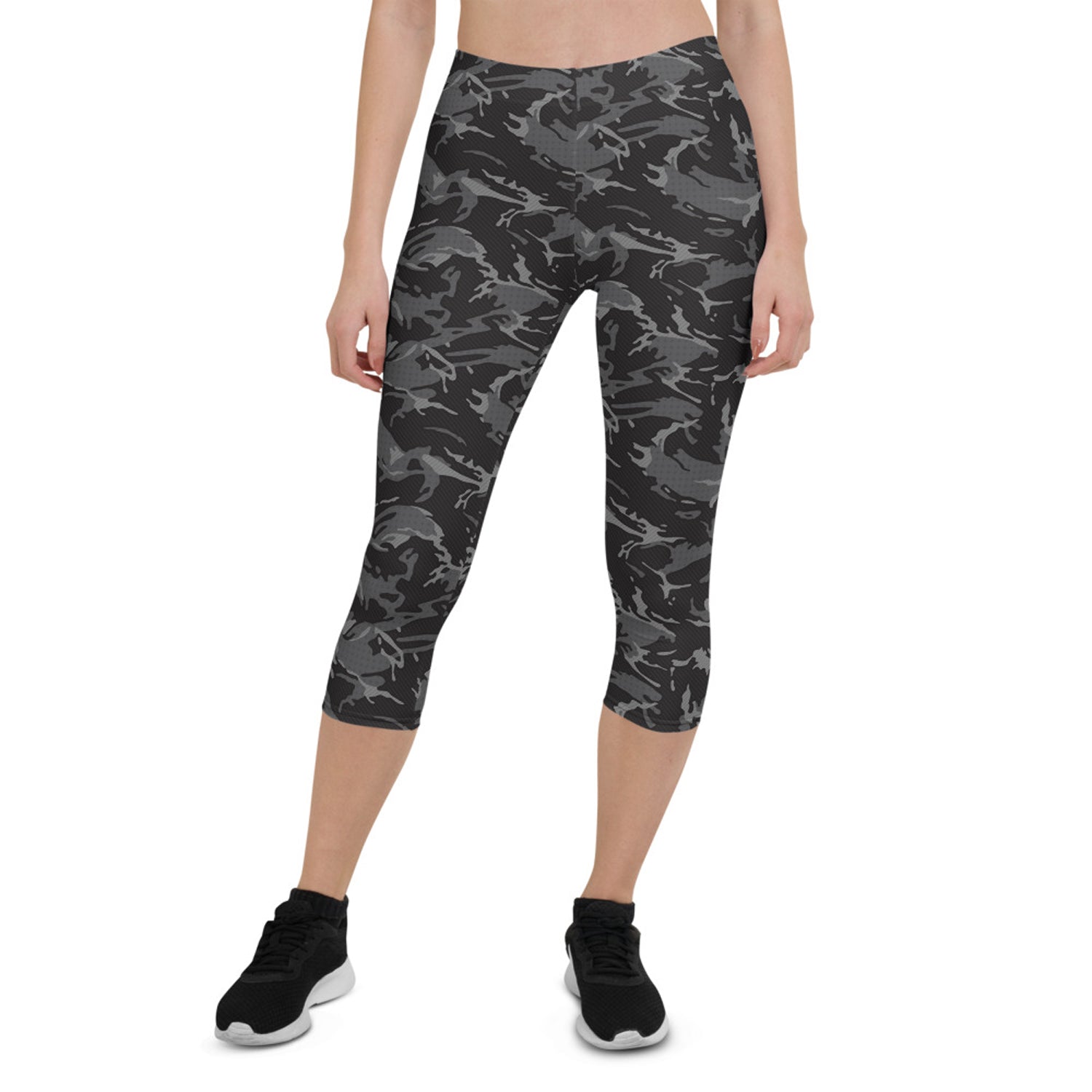 Womens Black Camo Capri Leggings showcasing stylish camo design and comfortable fit, perfect for workouts or casual wear.