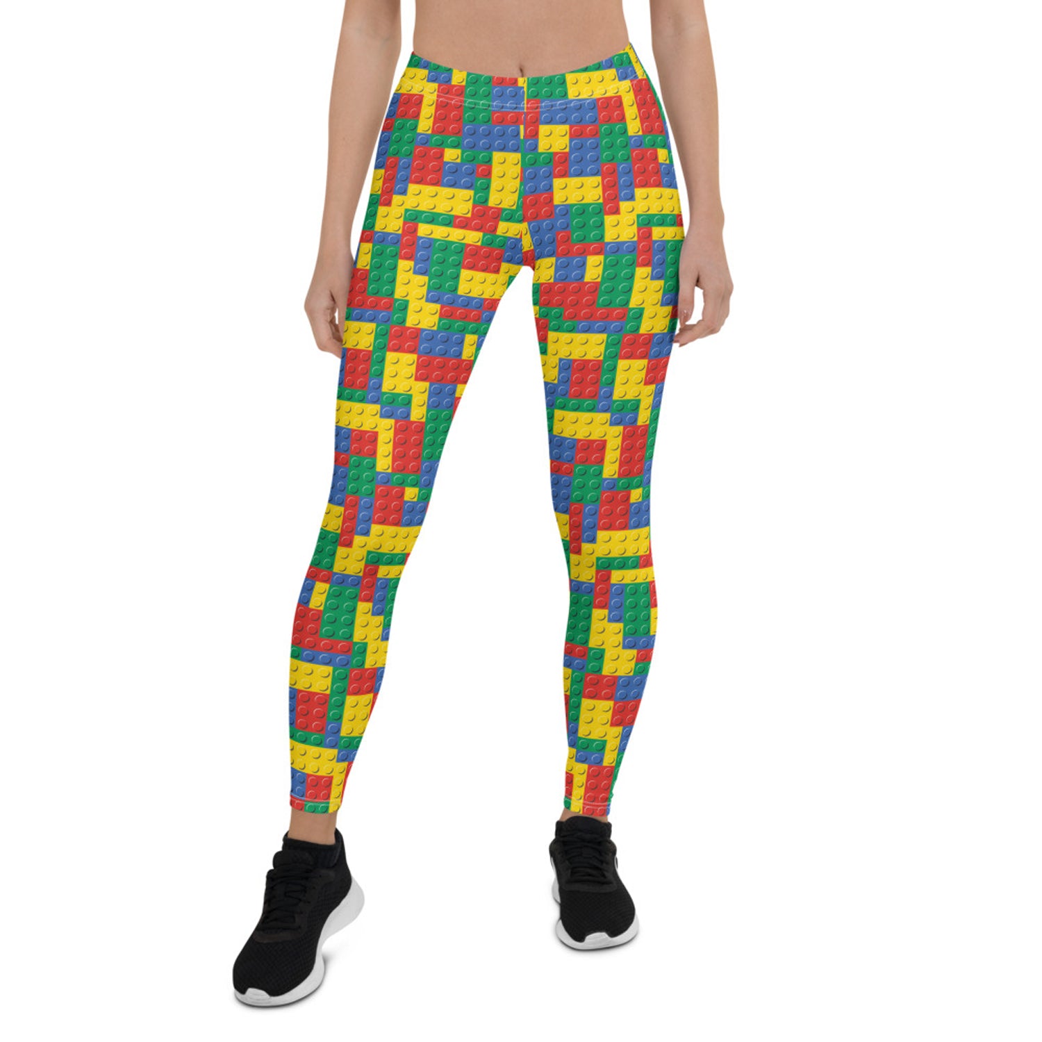 A pair of Womens Colorful Building Blocks Leggings featuring vibrant colors and unique patterns, designed for comfort and performance.