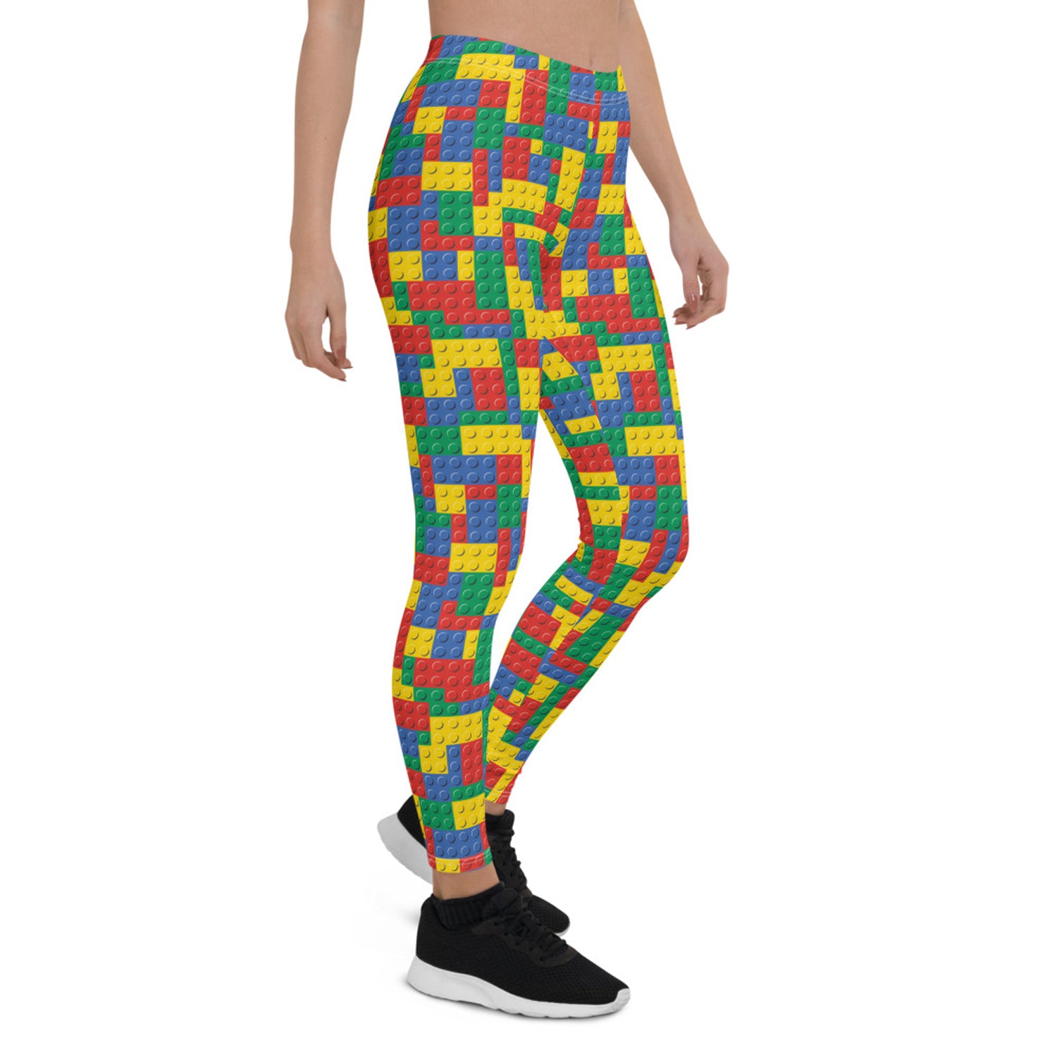 A pair of Womens Colorful Building Blocks Leggings featuring vibrant colors and unique patterns, designed for comfort and performance.