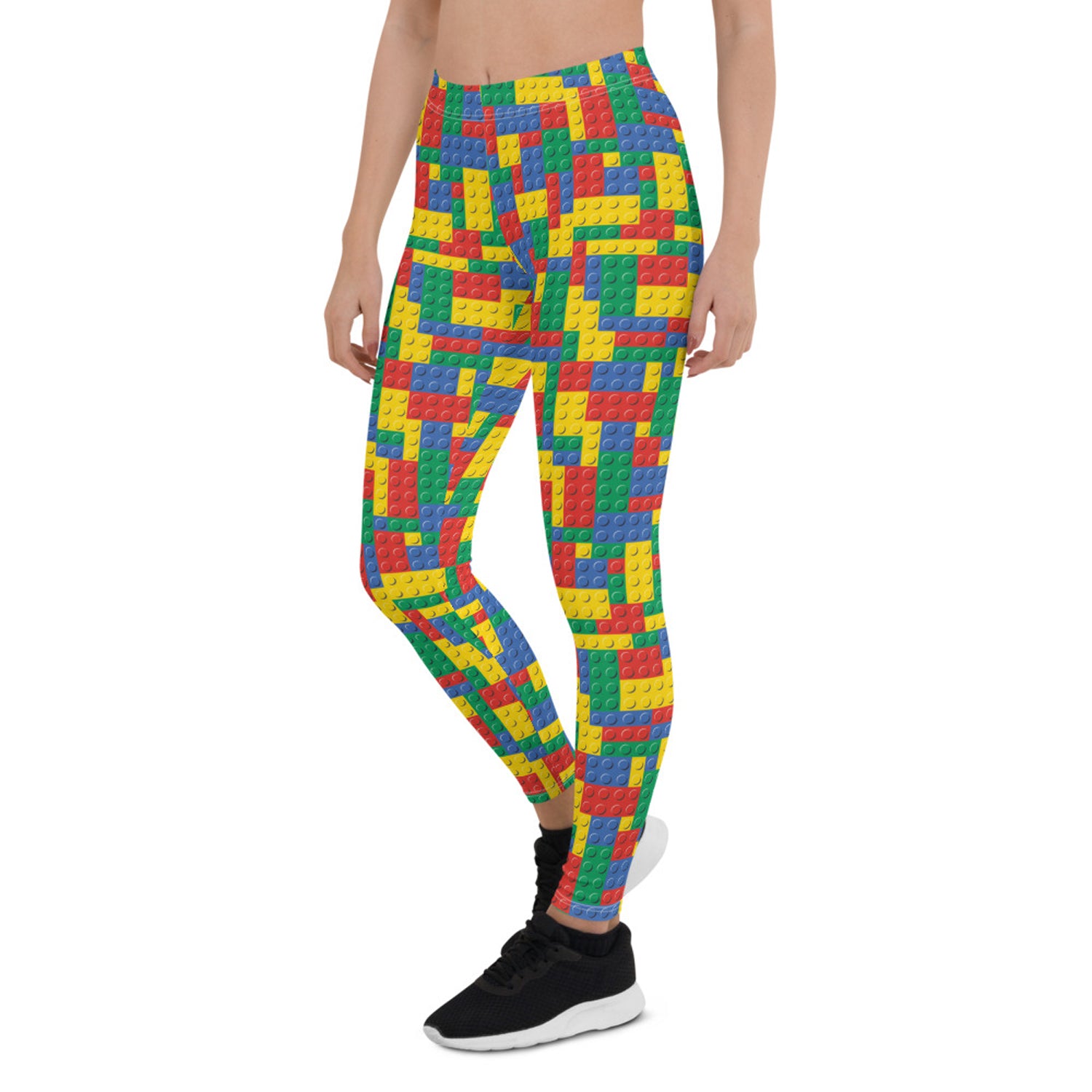 A pair of Womens Colorful Building Blocks Leggings featuring vibrant colors and unique patterns, designed for comfort and performance.