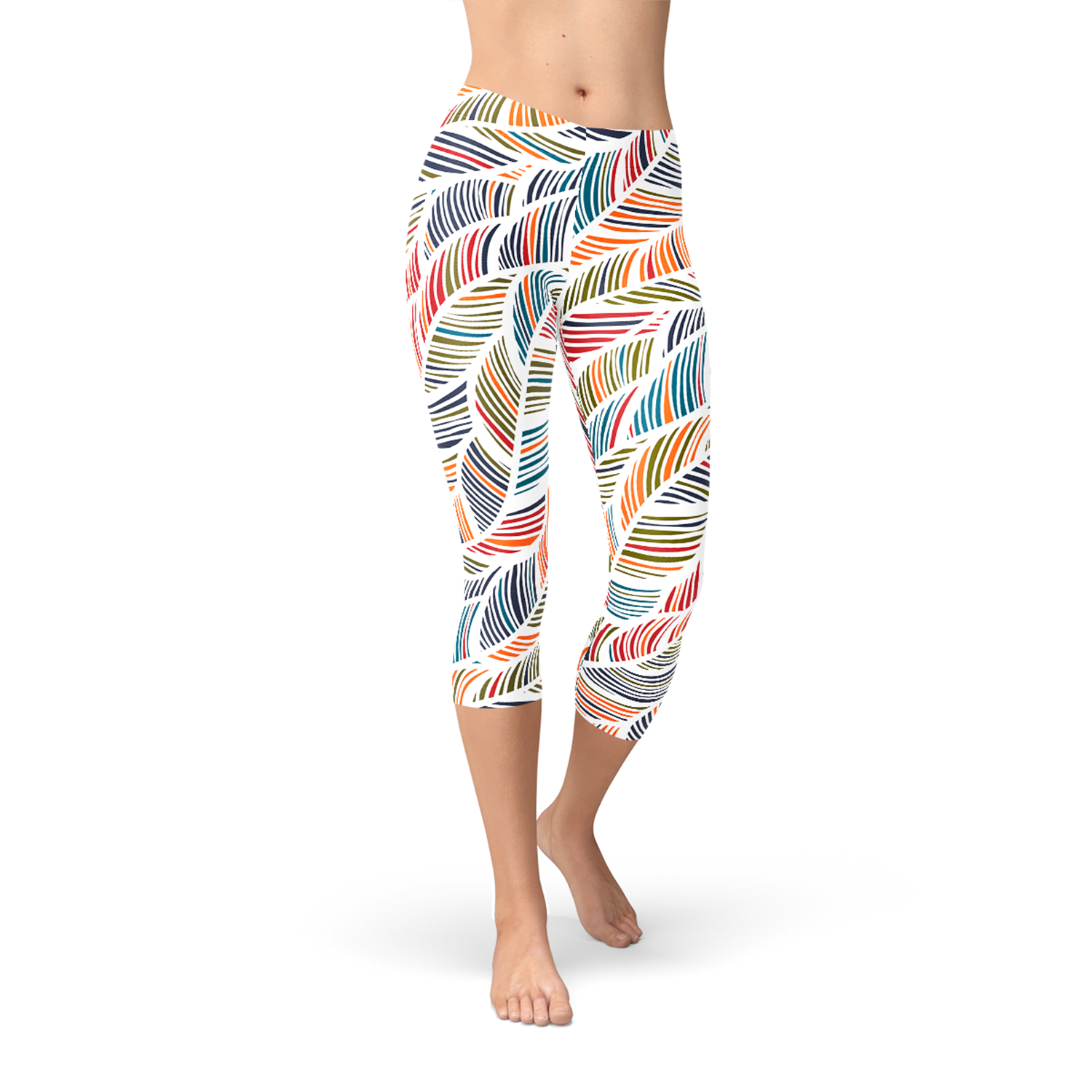 Women's Colorful Feather Fern Capri Leggings featuring vibrant feather fern design, perfect for workouts and casual wear.