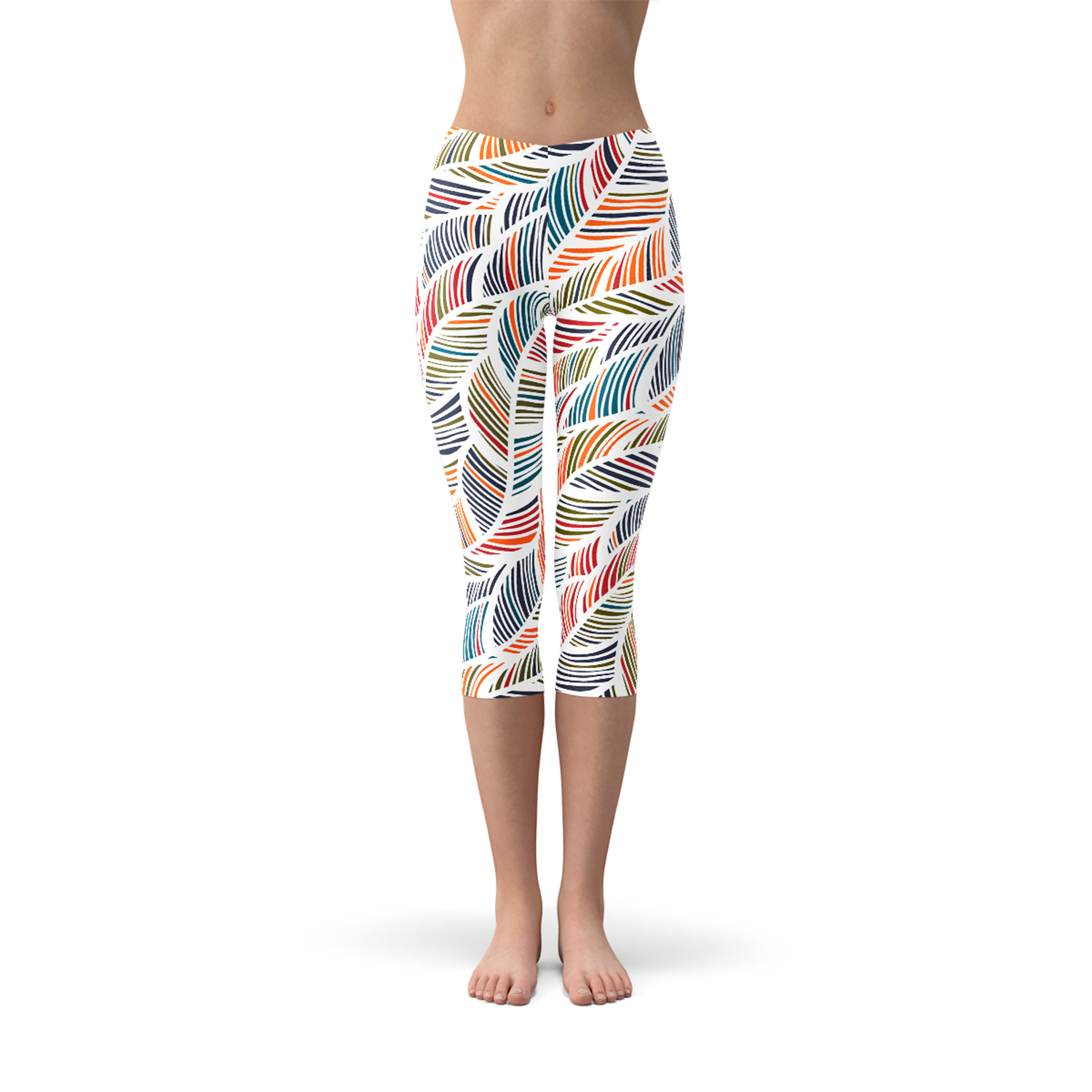 Women's Colorful Feather Fern Capri Leggings featuring vibrant feather fern design, perfect for workouts and casual wear.