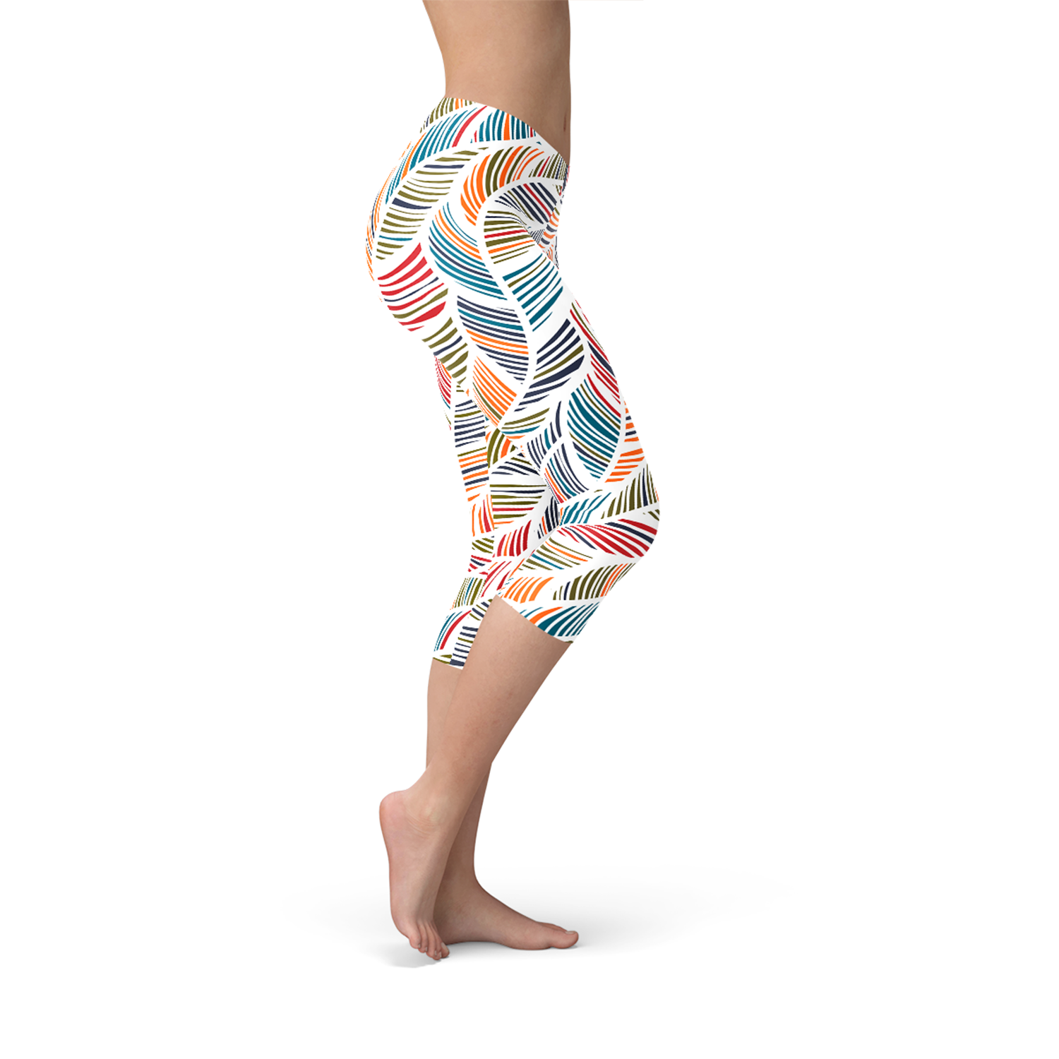 Women's Colorful Feather Fern Capri Leggings featuring vibrant feather fern design, perfect for workouts and casual wear.