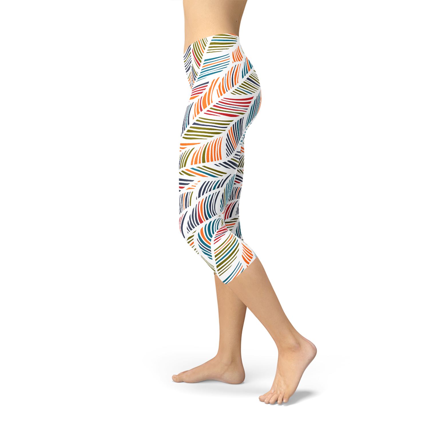 Women's Colorful Feather Fern Capri Leggings featuring vibrant feather fern design, perfect for workouts and casual wear.