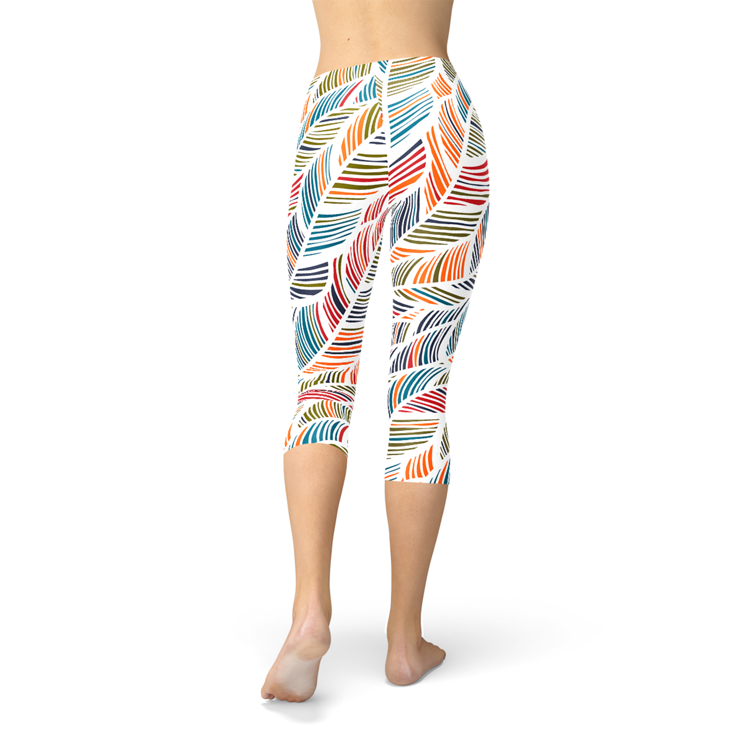 Women's Colorful Feather Fern Capri Leggings featuring vibrant feather fern design, perfect for workouts and casual wear.