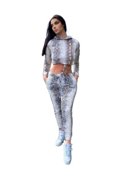 Women's Cropped Top Jogger Lounge Set featuring animal print design, showcasing a cropped top and matching joggers.