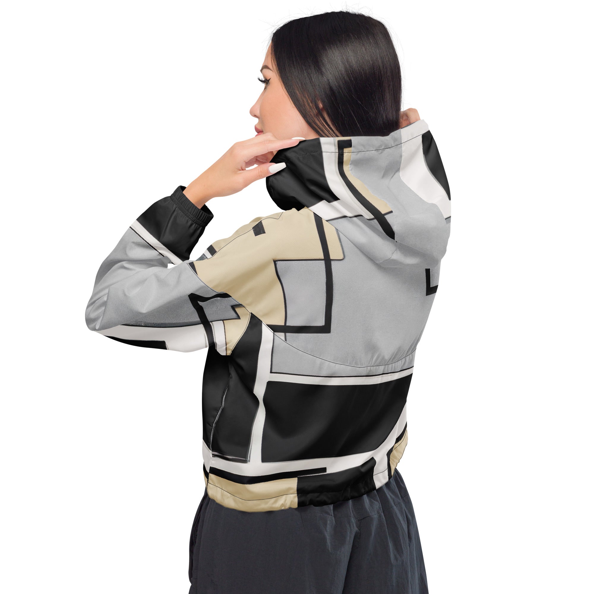 Women's Cropped Windbreaker Jacket featuring a black-grey abstract pattern, showcasing its stylish design and functional features.