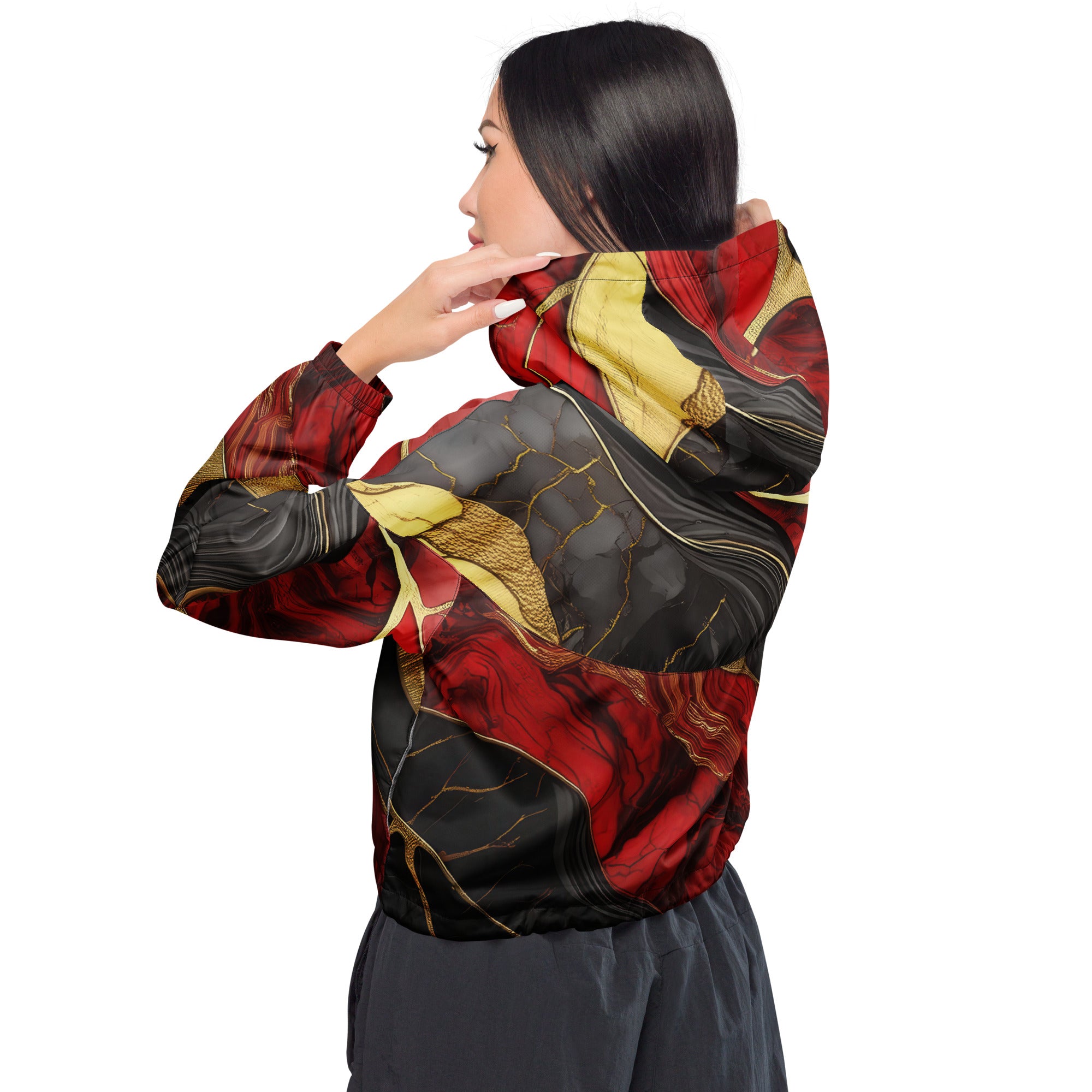 Women's Cropped Windbreaker Jacket in bold red and gold tones with a stylish brick red pattern and black and gold marble accents.