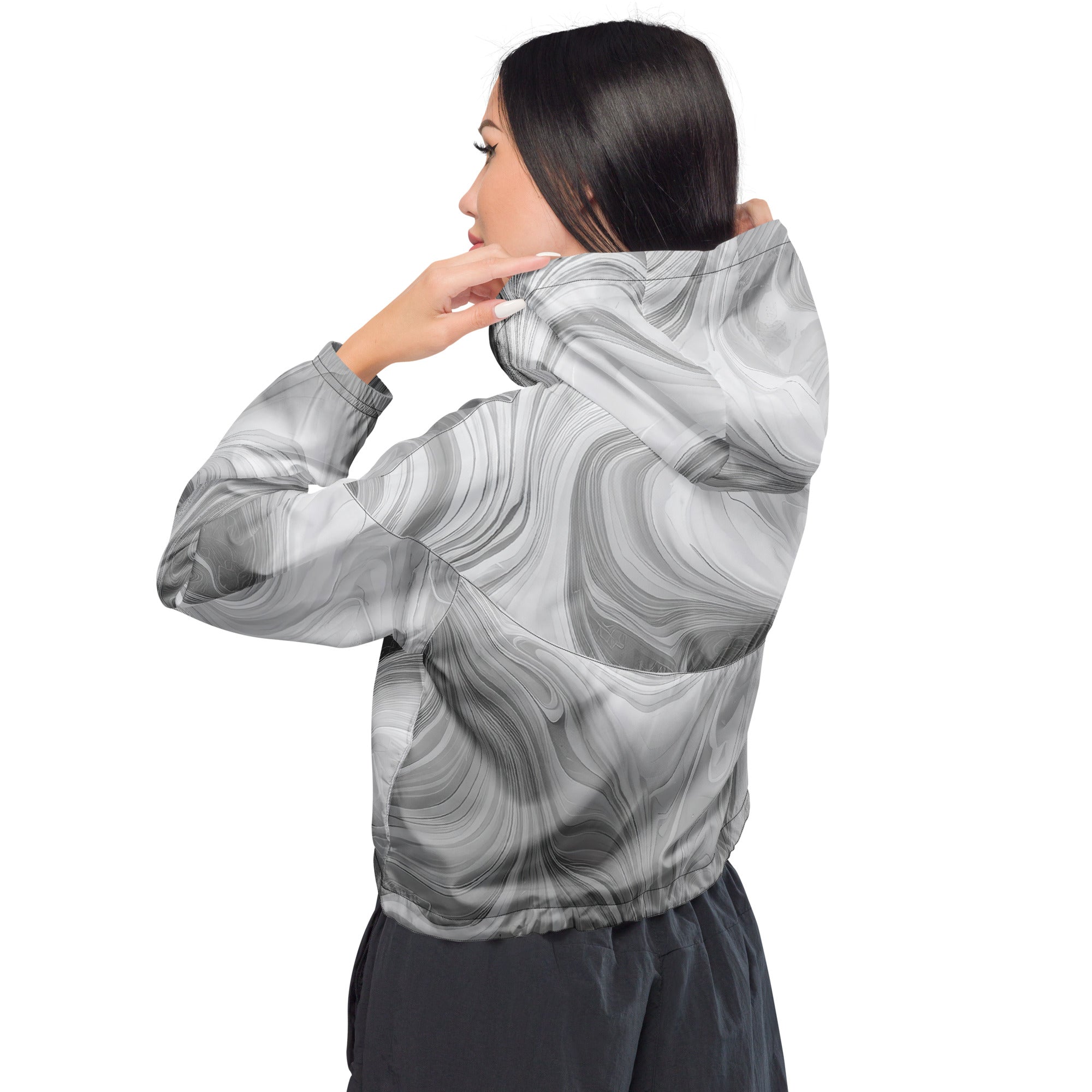 Women's Cropped Windbreaker Jacket in Grey White Boho Marble Print, showcasing its stylish design and functional features.