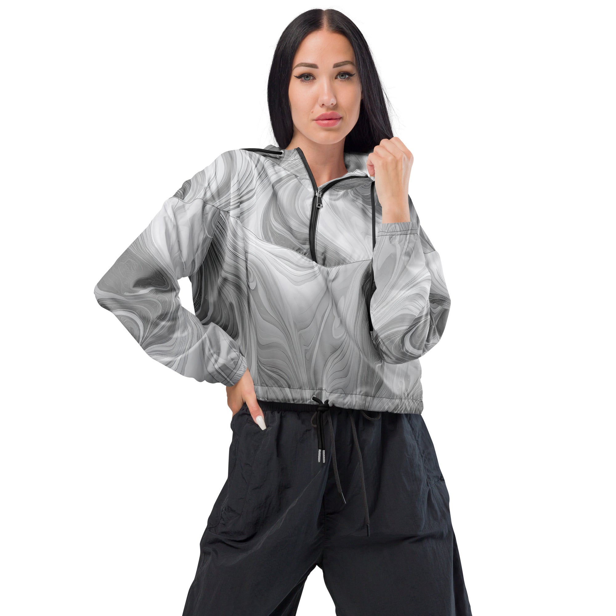 Women's Cropped Windbreaker Jacket in Grey White Boho Marble Print, showcasing its stylish design and functional features.