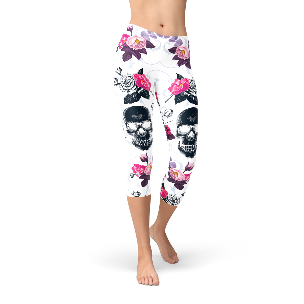 Womens Day Of The Dead Capri Leggings featuring pink floral and black skull design, perfect for stylish workouts and casual wear.