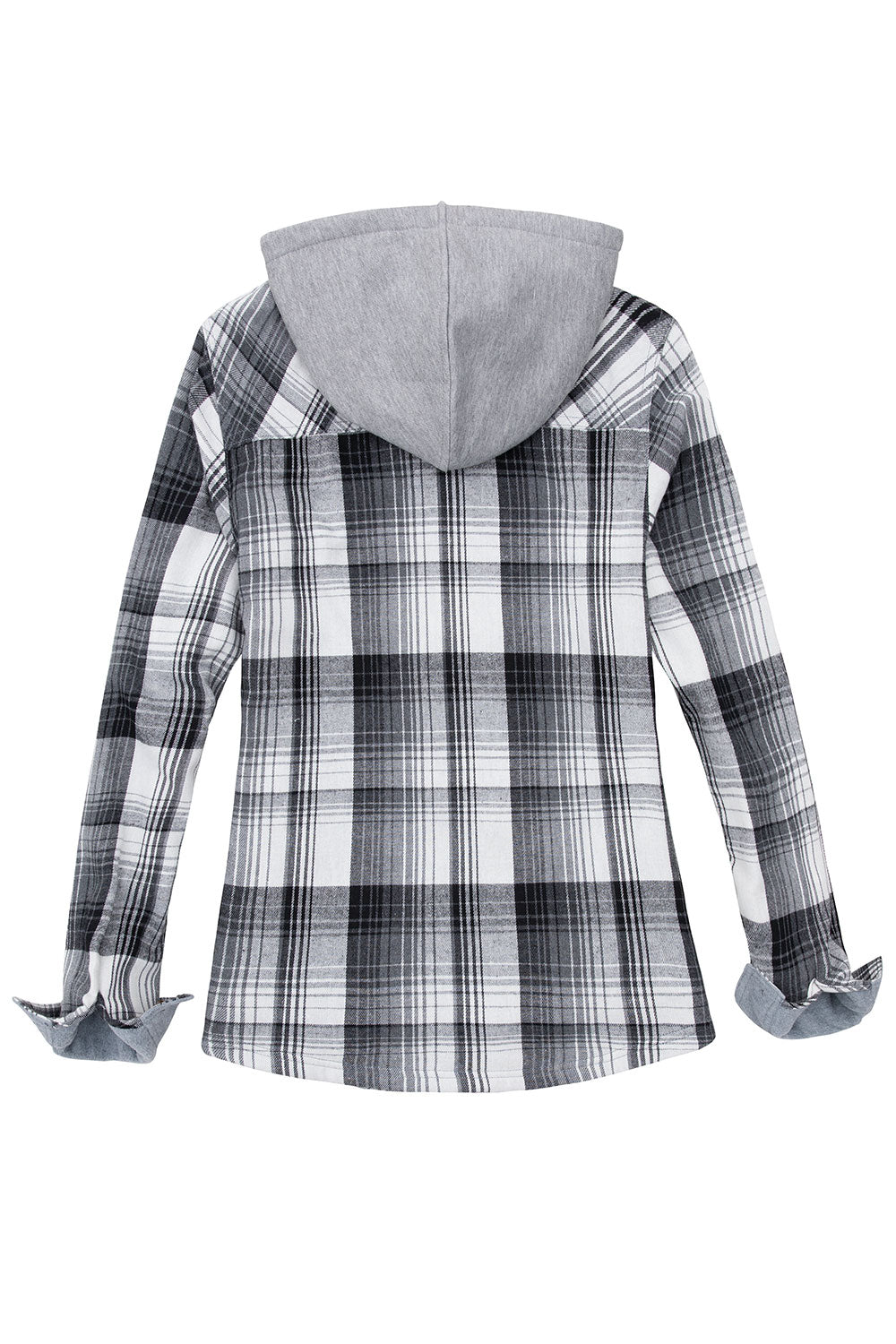 A stylish women's fleece lined flannel shirt featuring a plaid pattern and a hood, perfect for casual wear.