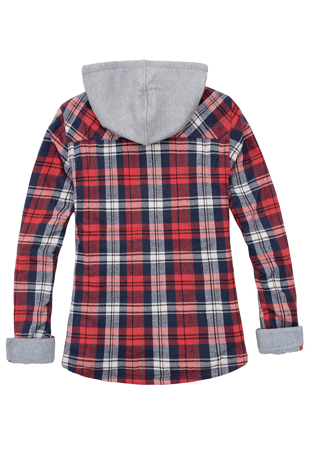 A stylish women's fleece lined flannel shirt featuring a plaid pattern and a hood, perfect for casual wear.
