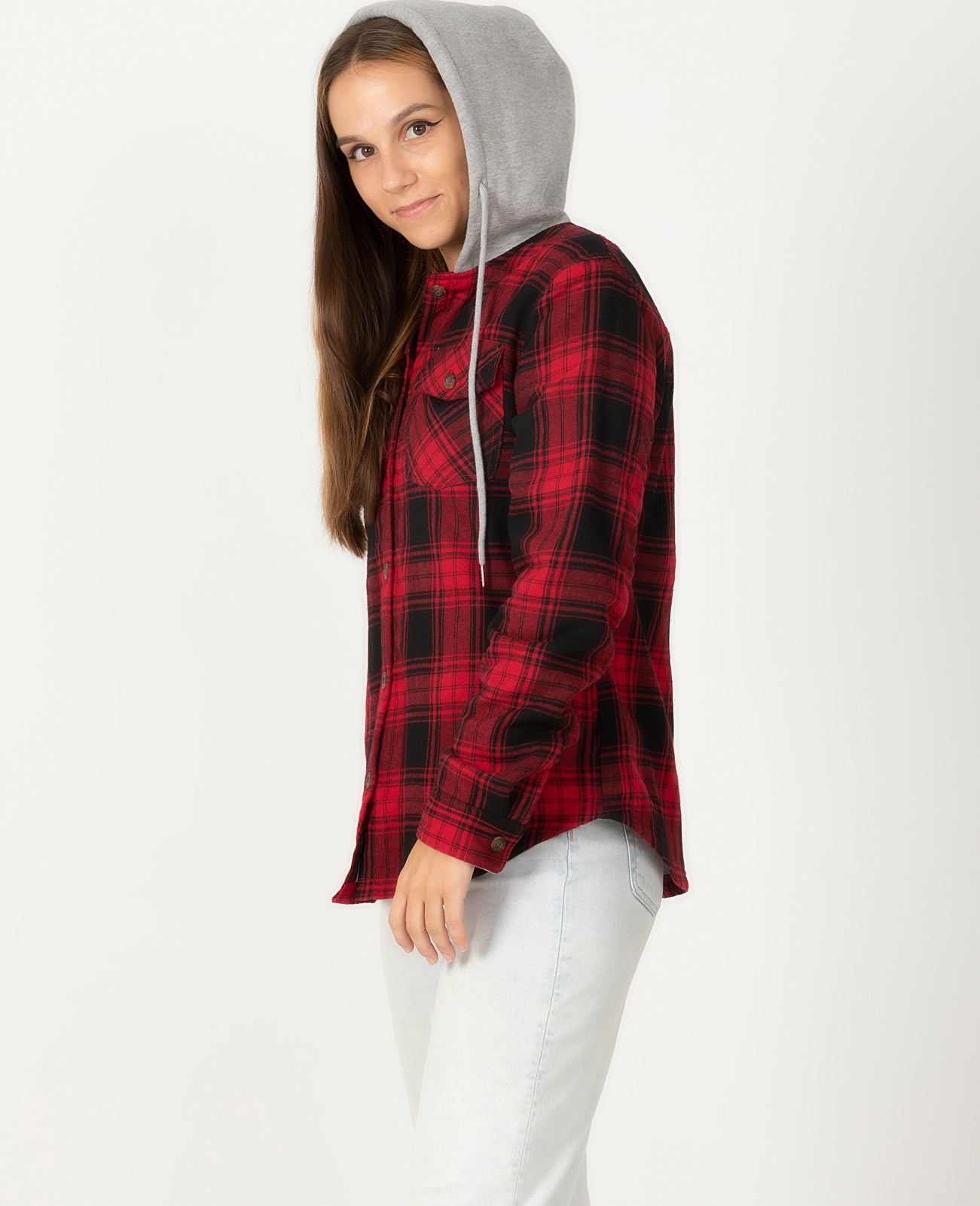 A stylish women's fleece lined flannel shirt featuring a plaid pattern and a hood, perfect for casual wear.