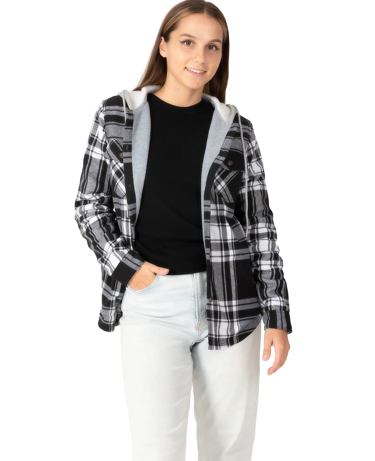 A stylish women's fleece lined flannel shirt featuring a plaid pattern and a hood, perfect for casual wear.