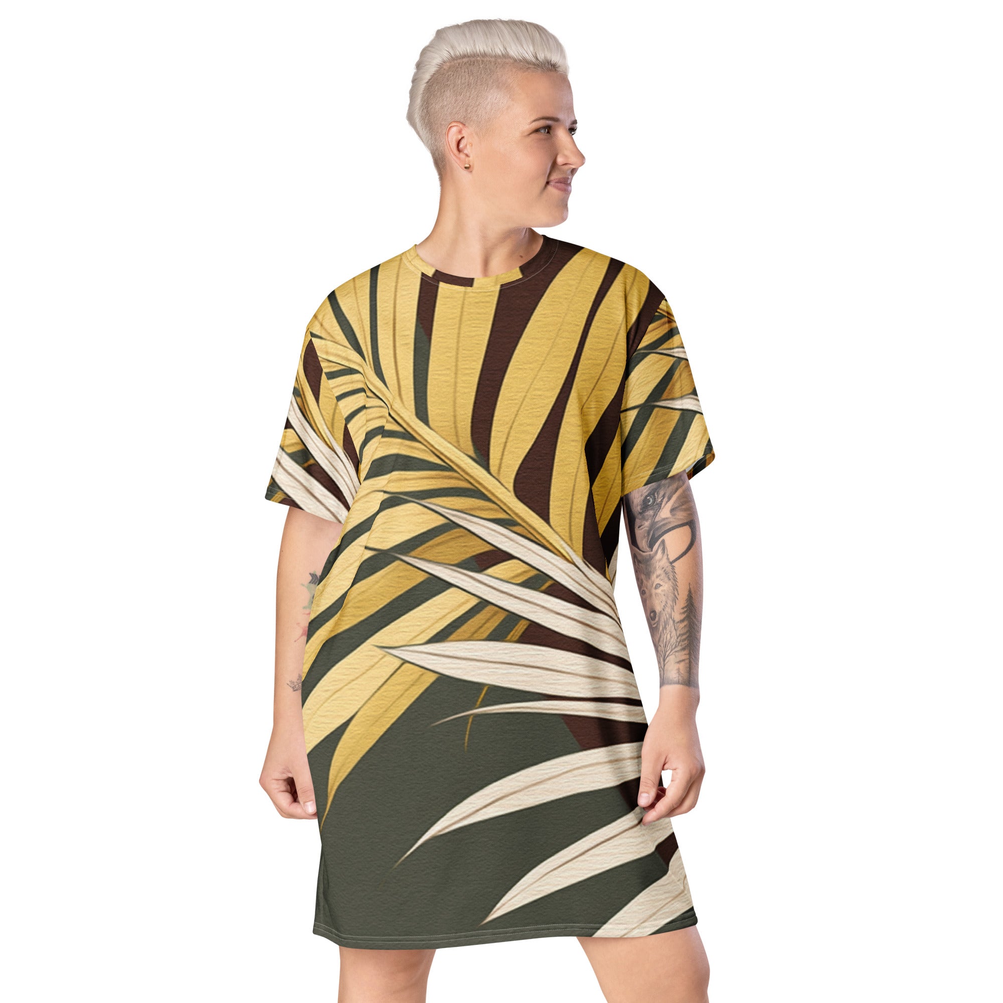 Womens Graphic T-shirt Dress featuring a vibrant Palm Tree Leaves Pattern, showcasing its oversized fit and stylish design.