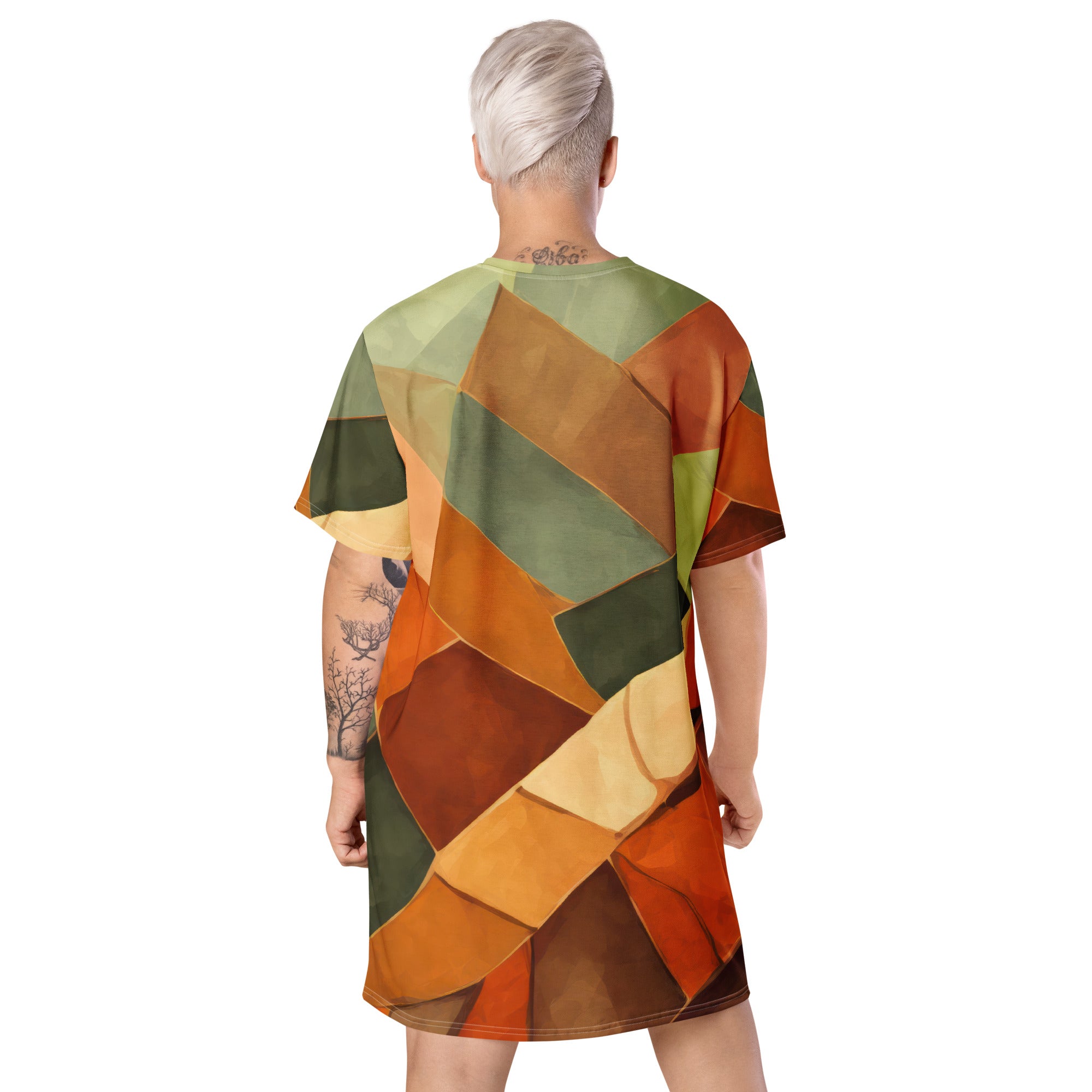 Womens Graphic T-shirt Dress in Rustic Red with Abstract Pattern, showcasing its oversized fit and stylish design.