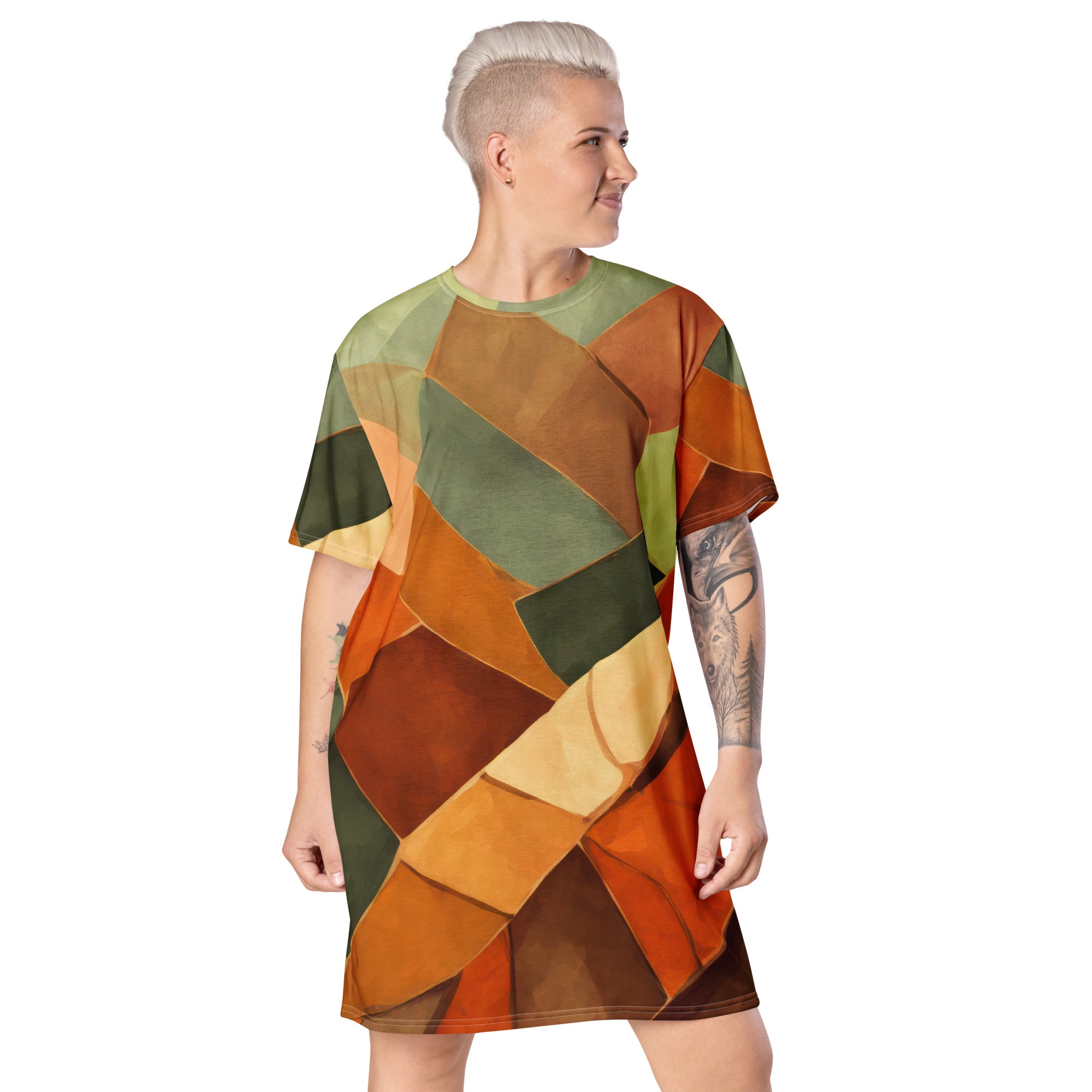 Womens Graphic T-shirt Dress in Rustic Red with Abstract Pattern, showcasing its oversized fit and stylish design.