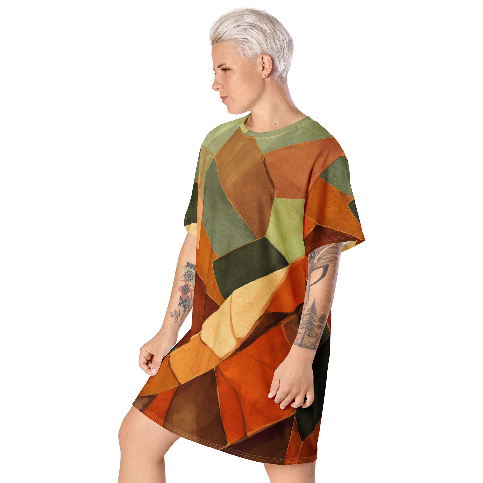 Womens Graphic T-shirt Dress in Rustic Red with Abstract Pattern, showcasing its oversized fit and stylish design.