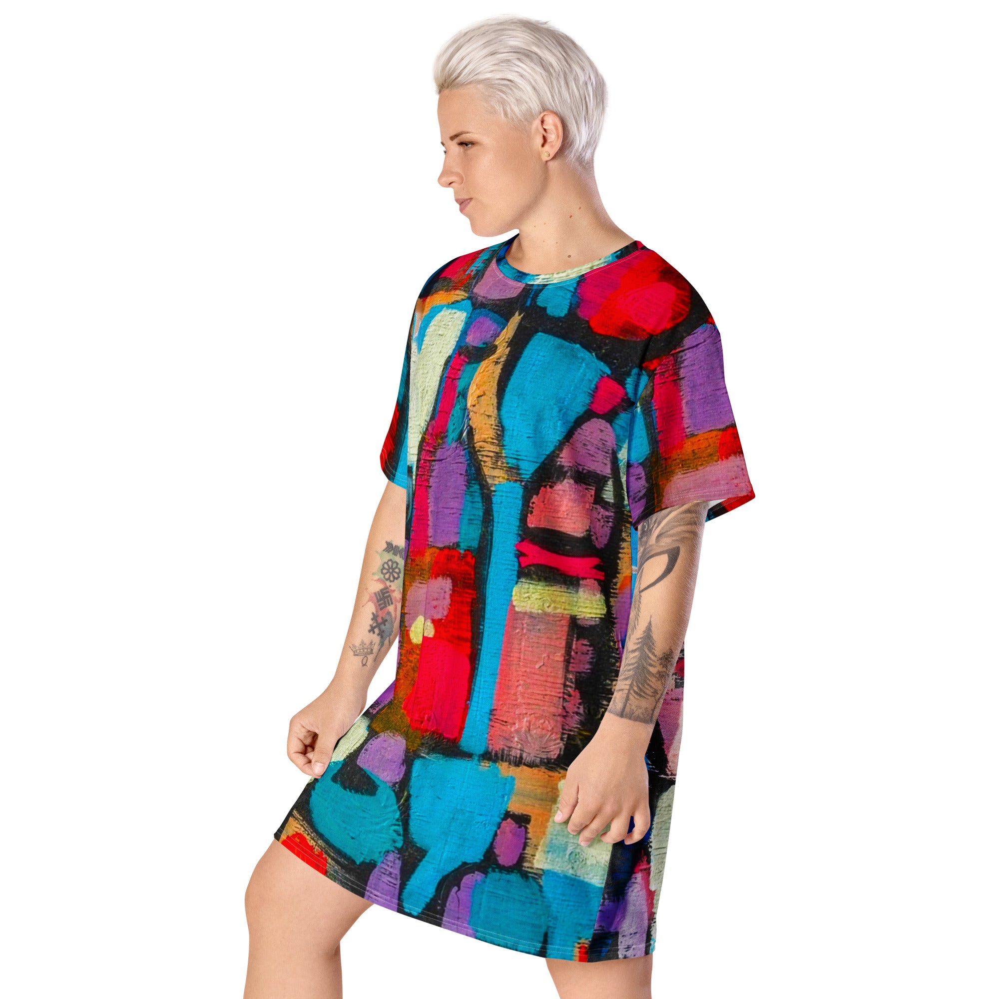 Womens Graphic T-shirt Dress featuring Sutileza Red Multicolor Abstract Print, showcasing a relaxed fit and vibrant colors.