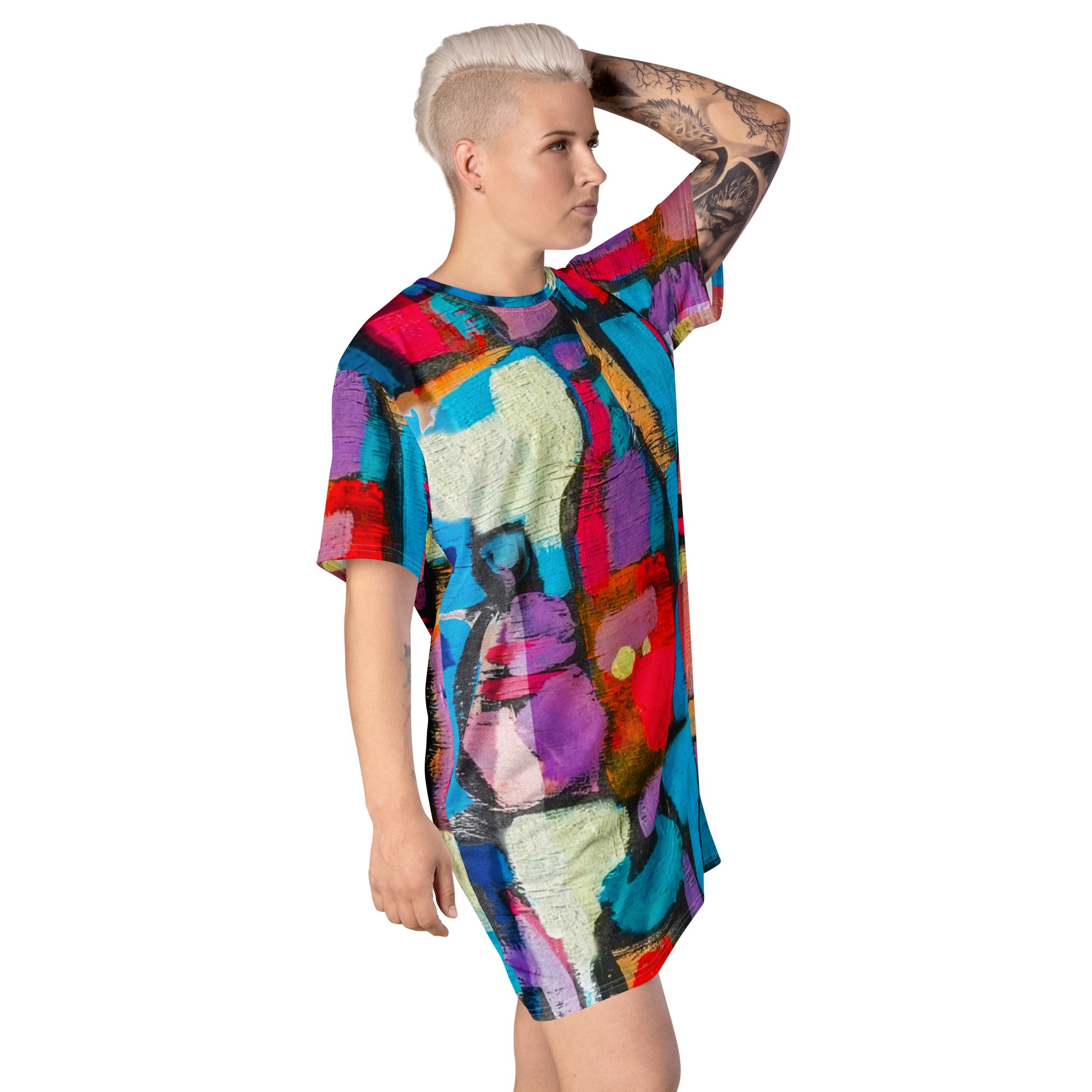 Womens Graphic T-shirt Dress featuring Sutileza Red Multicolor Abstract Print, showcasing a relaxed fit and vibrant colors.