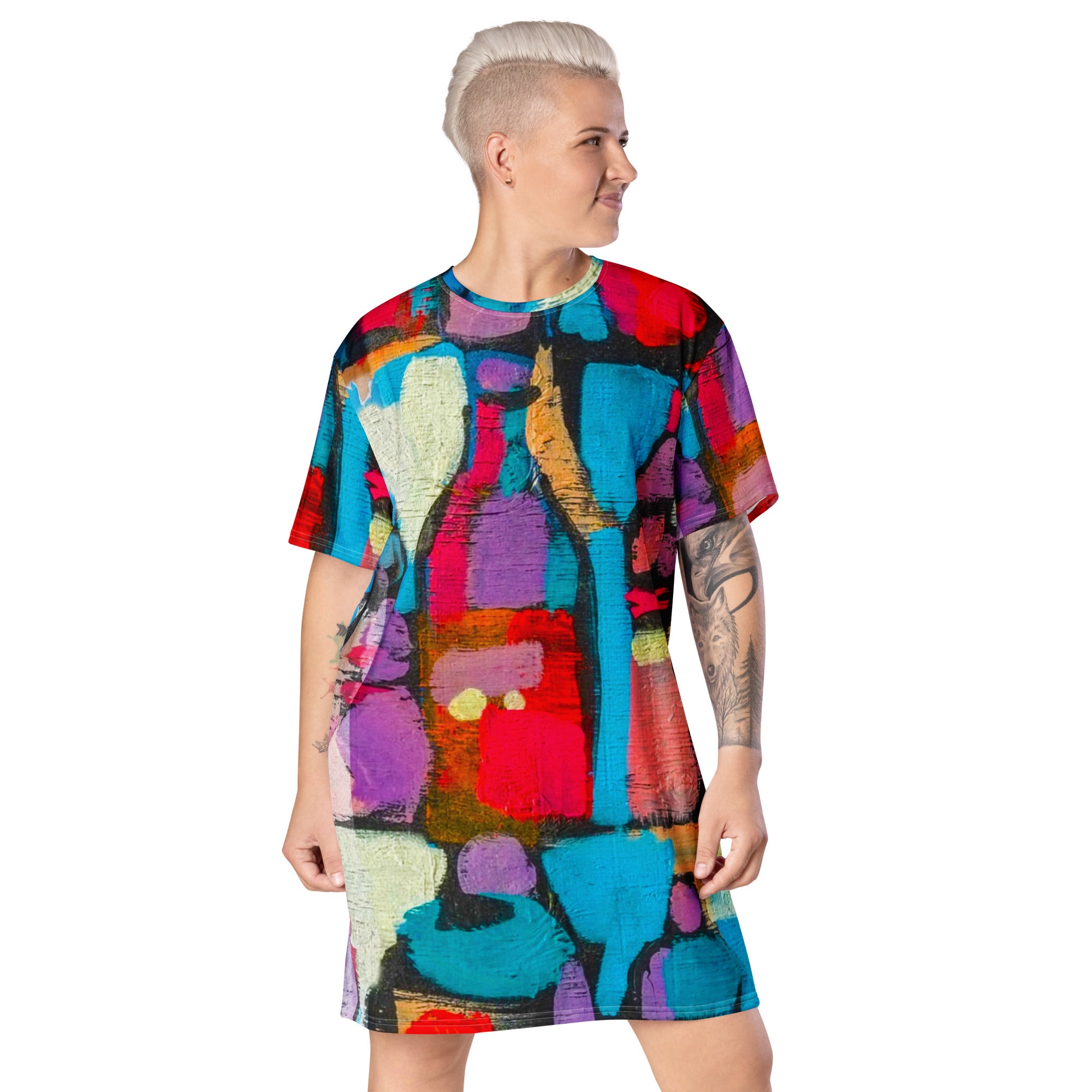 Womens Graphic T-shirt Dress featuring Sutileza Red Multicolor Abstract Print, showcasing a relaxed fit and vibrant colors.