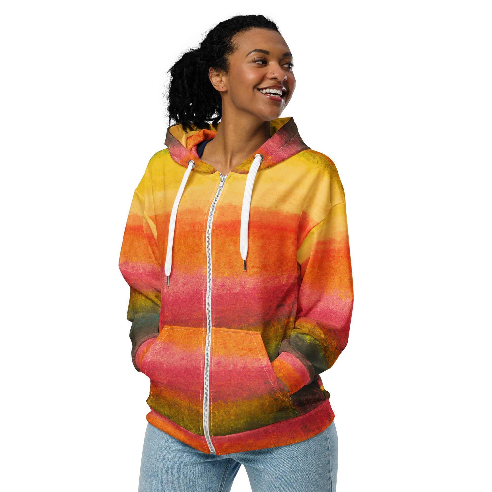 Women's Graphic Zip Hoodie featuring a watercolor abstract print, showcasing a relaxed fit and double-lined hood.