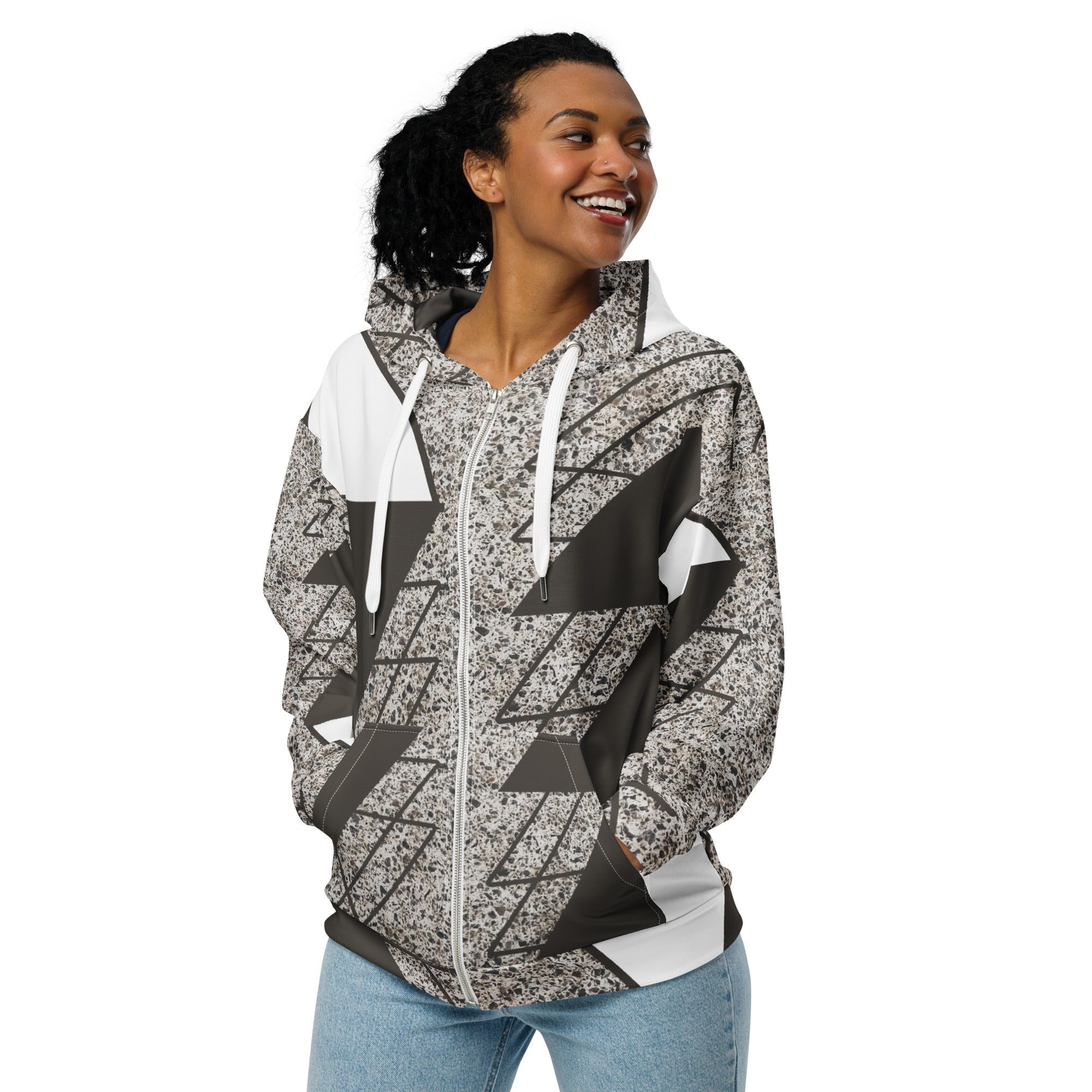 Womens Graphic Zip Hoodie in brown and white triangular colorblock design, featuring a zip front, double-lined hood, and relaxed fit.