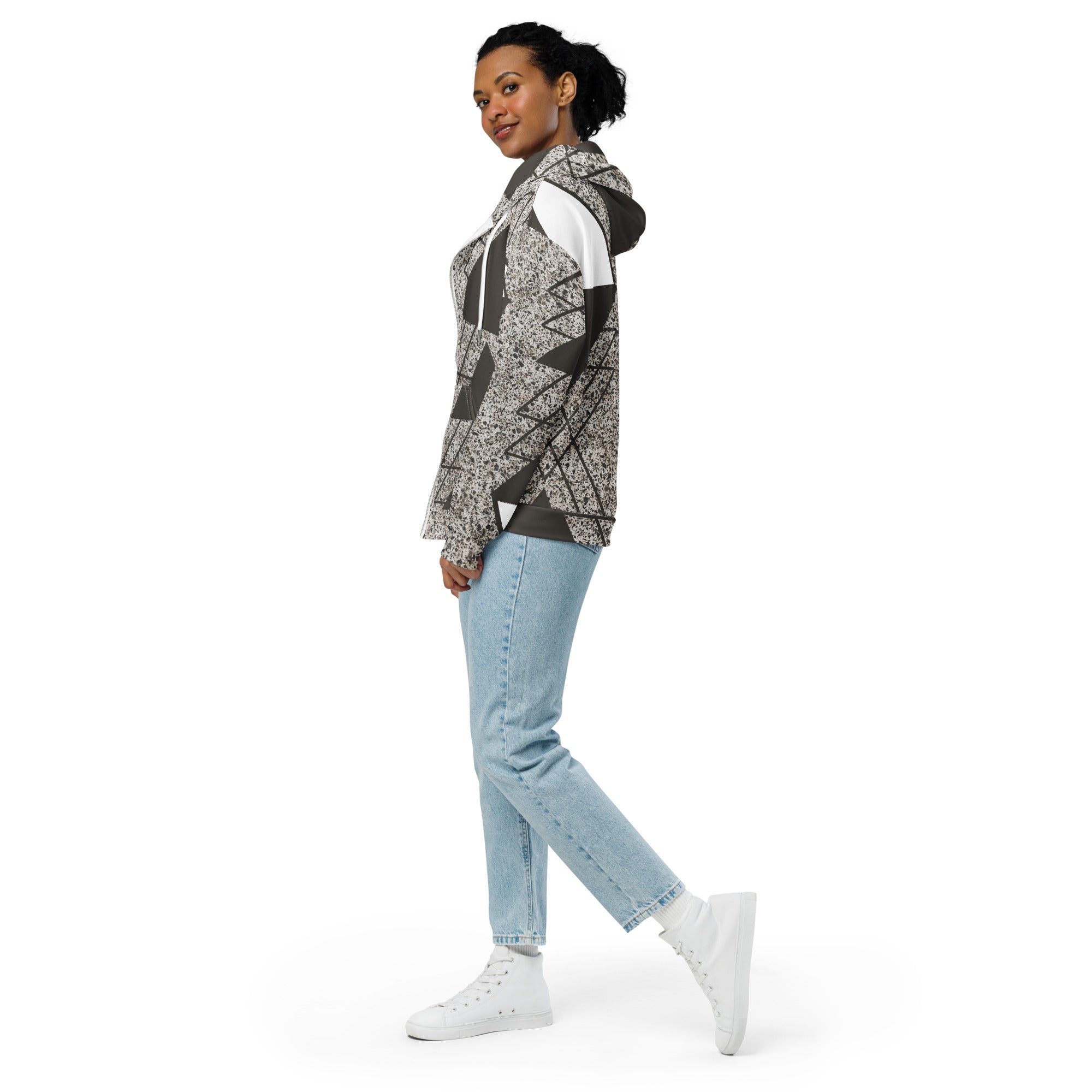 Womens Graphic Zip Hoodie in brown and white triangular colorblock design, featuring a zip front, double-lined hood, and relaxed fit.