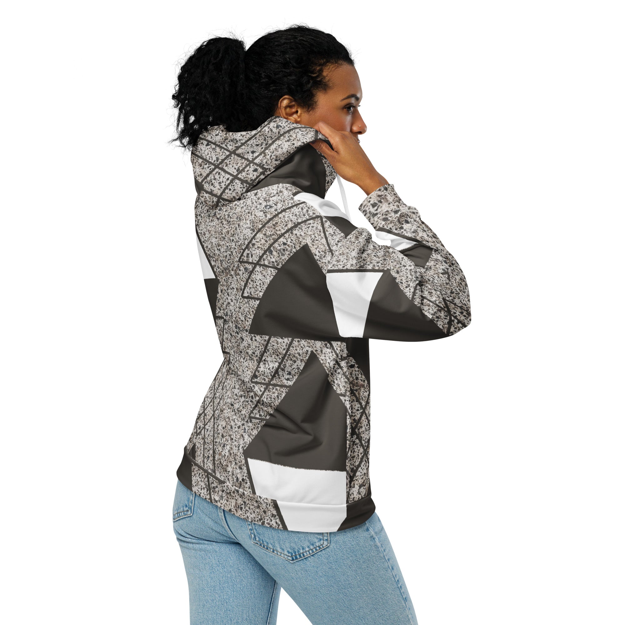 Womens Graphic Zip Hoodie in brown and white triangular colorblock design, featuring a zip front, double-lined hood, and relaxed fit.
