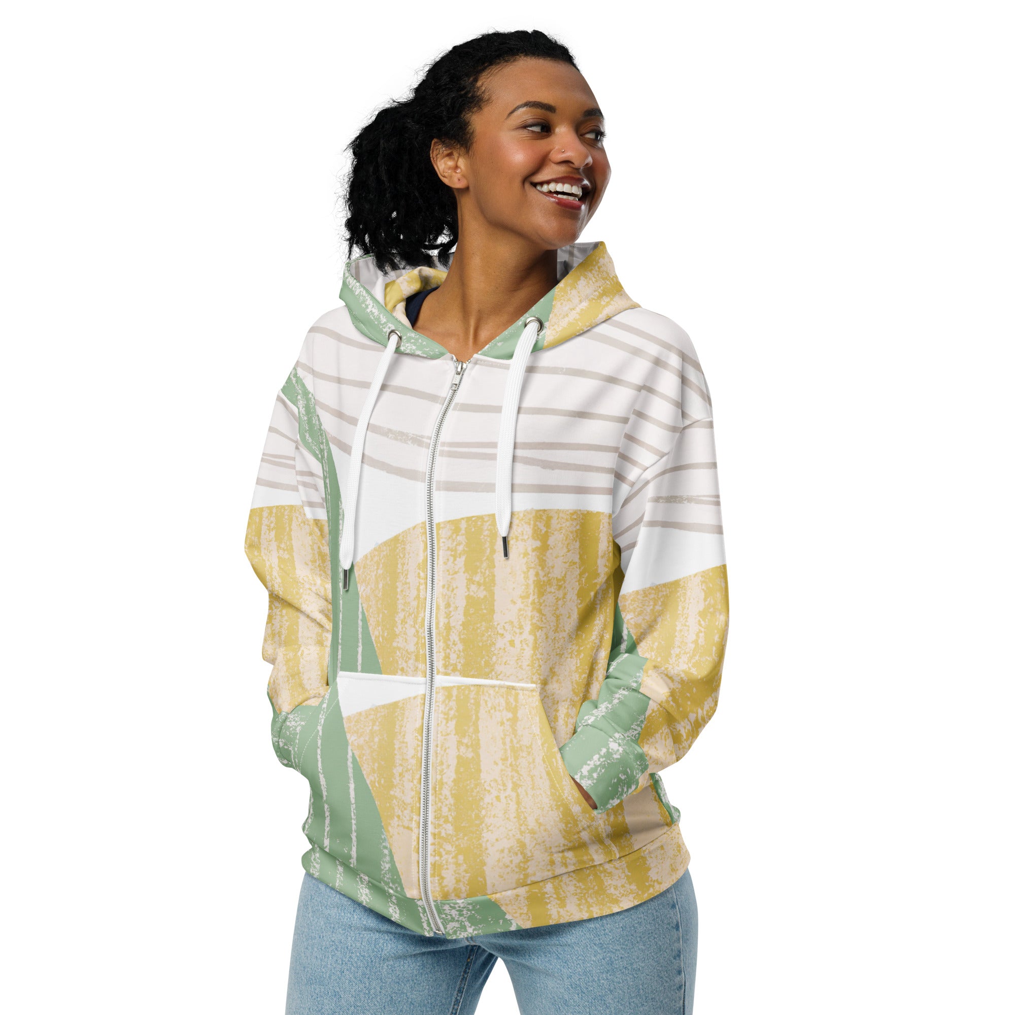 Womens Graphic Zip Hoodie featuring a green textured boho pattern, showcasing a relaxed fit with drop shoulders and a double-lined hood.