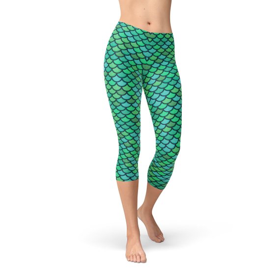 Womens Green Mermaid Capri Leggings showcasing vibrant mermaid design, perfect for workouts and casual wear.